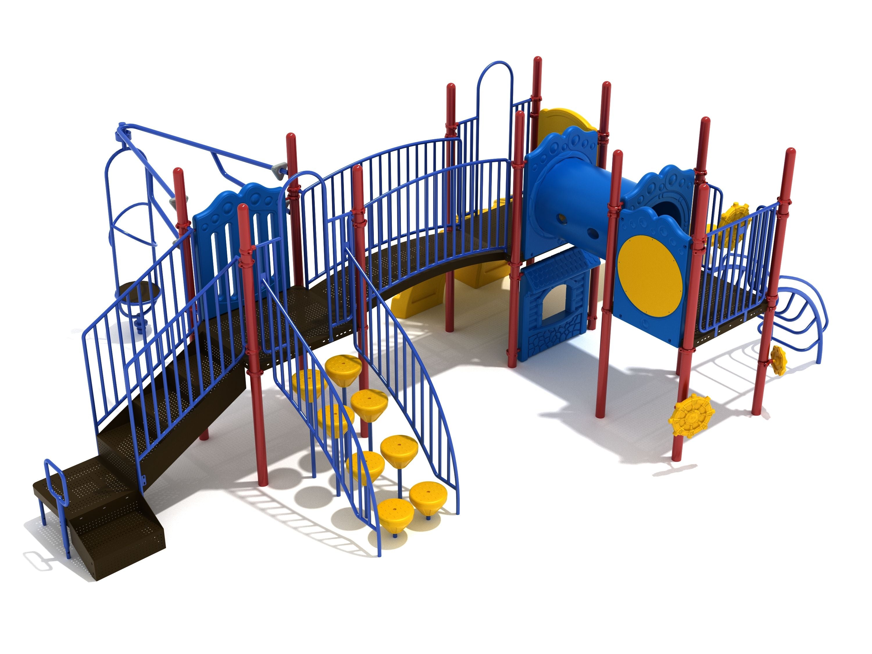 Grand Rapids Playground with blue and red climbing structures, yellow interactive panels, curved bridges, and sensory play features