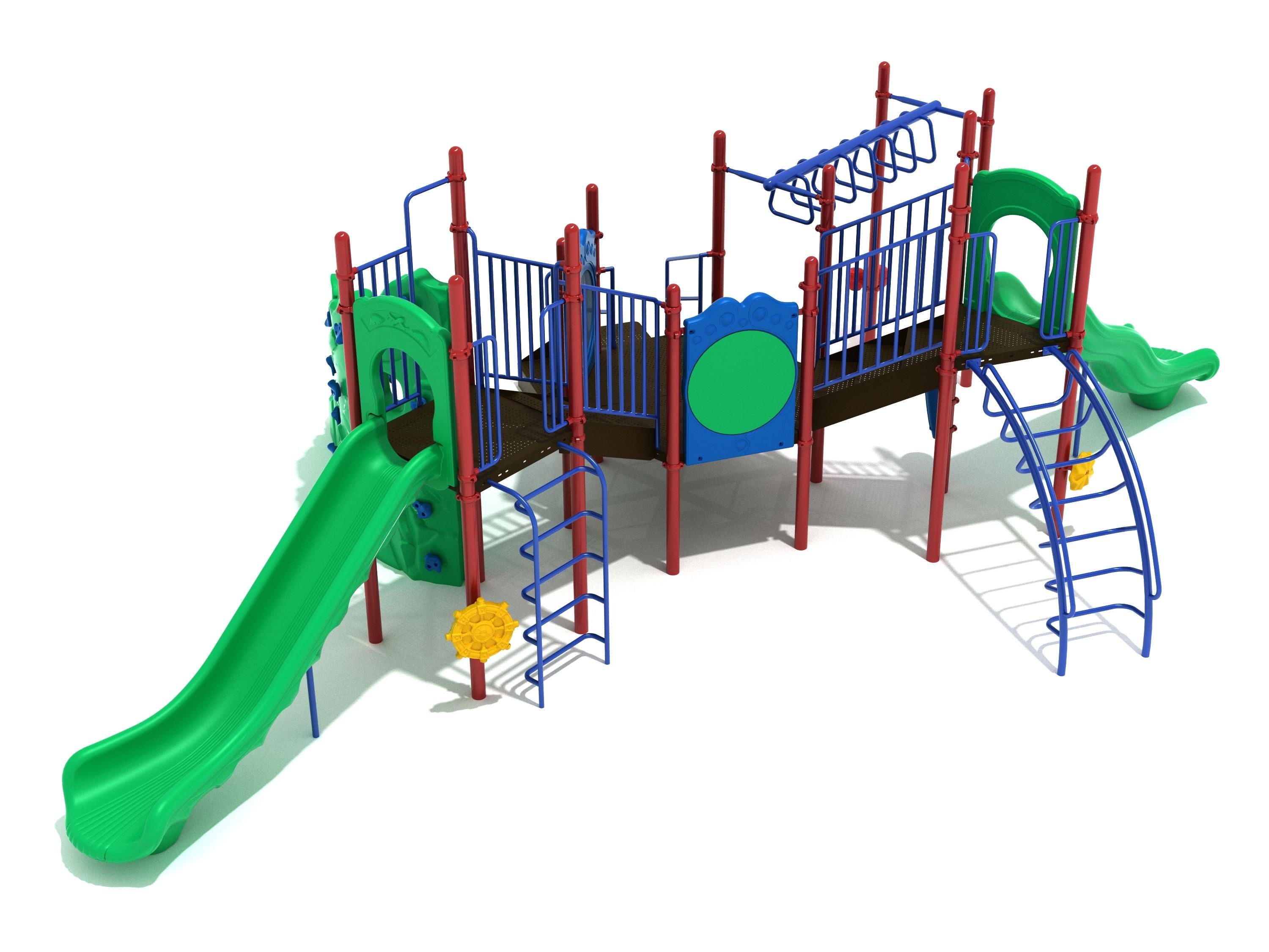 Colorful playground structure with hexagonal deck, green slides, blue climbing ladders, and interactive drum panels.