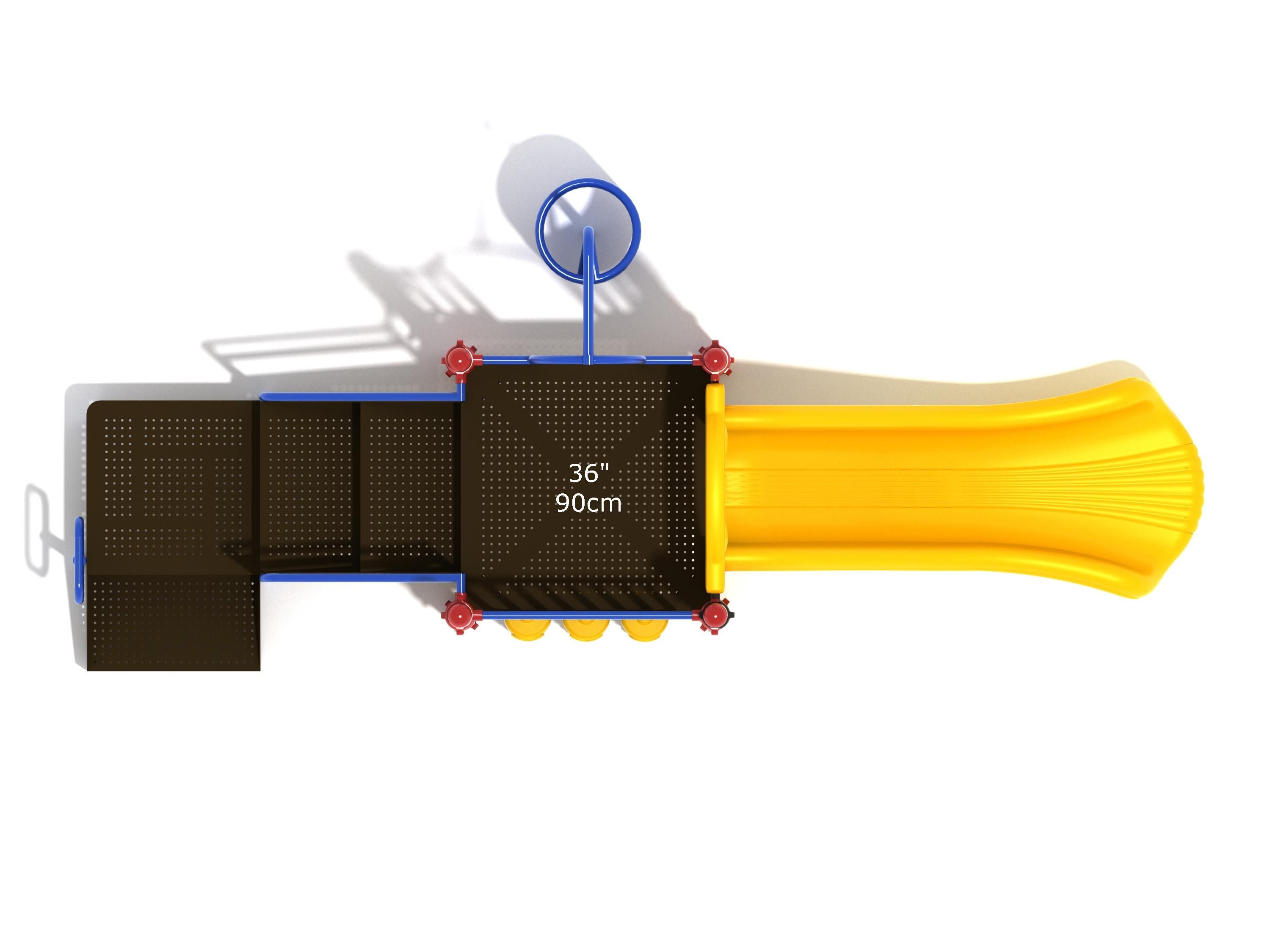 Overhead view of a children's playground with a yellow straight slide, spiral climber, and tic-tac-toe panel on a play structure