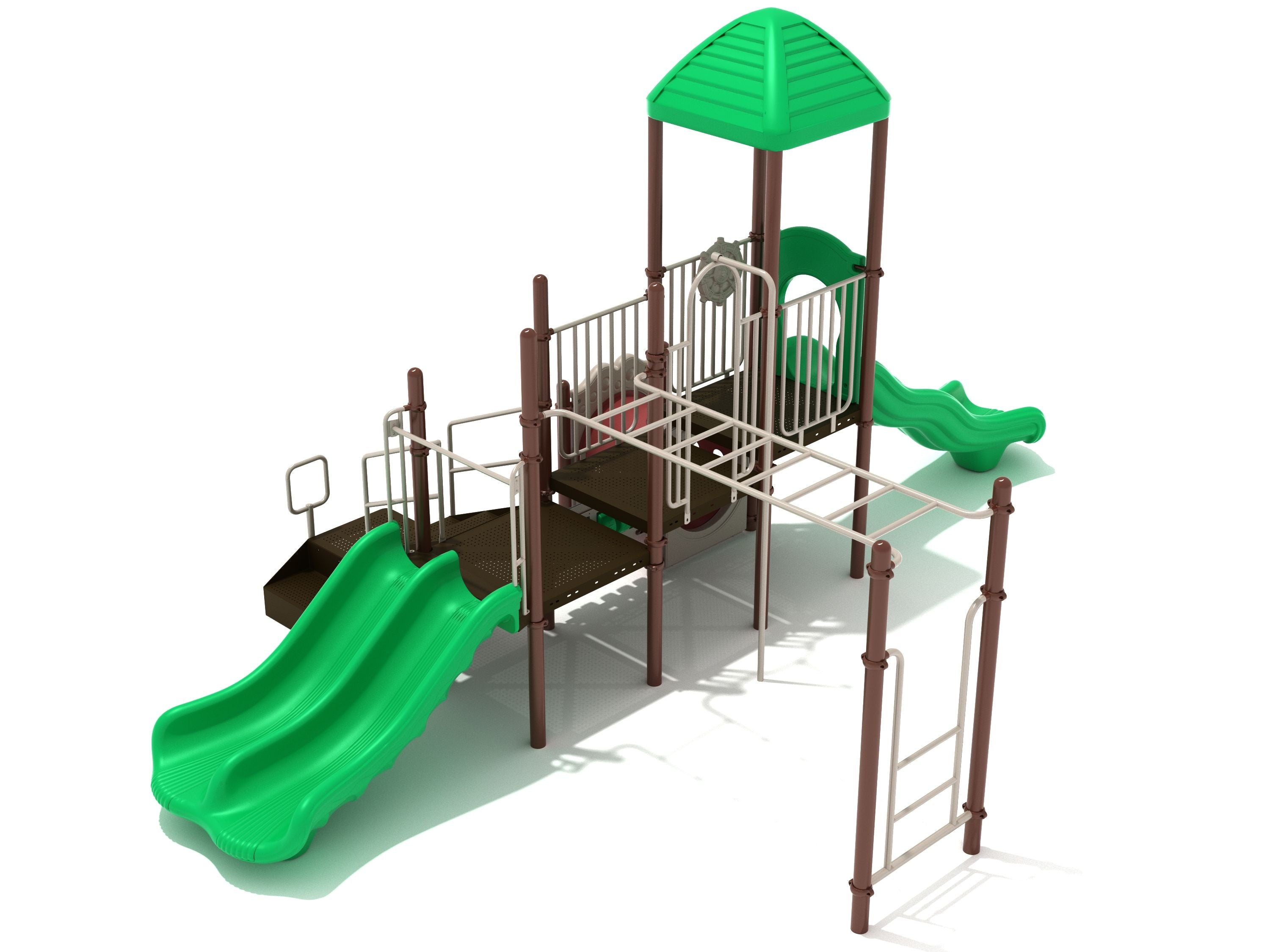 Playground structure with green double wave and straight slides, brown platforms, overhead ladder, crawl tube, and green roofed tower