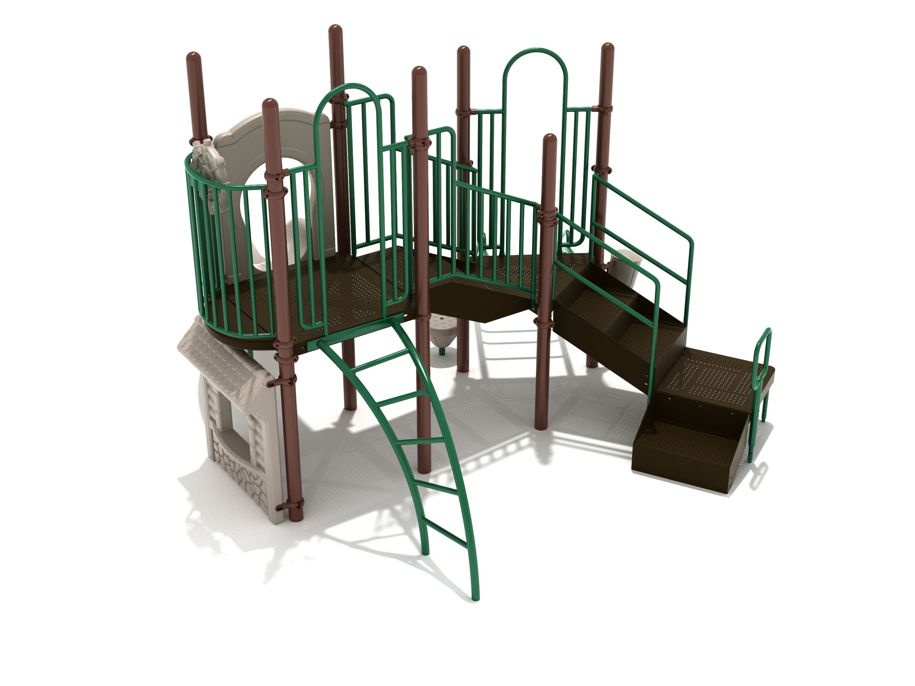 Elevated playground structure with green metal railings, brown platforms, stairs, curved climbing ladder, and play features