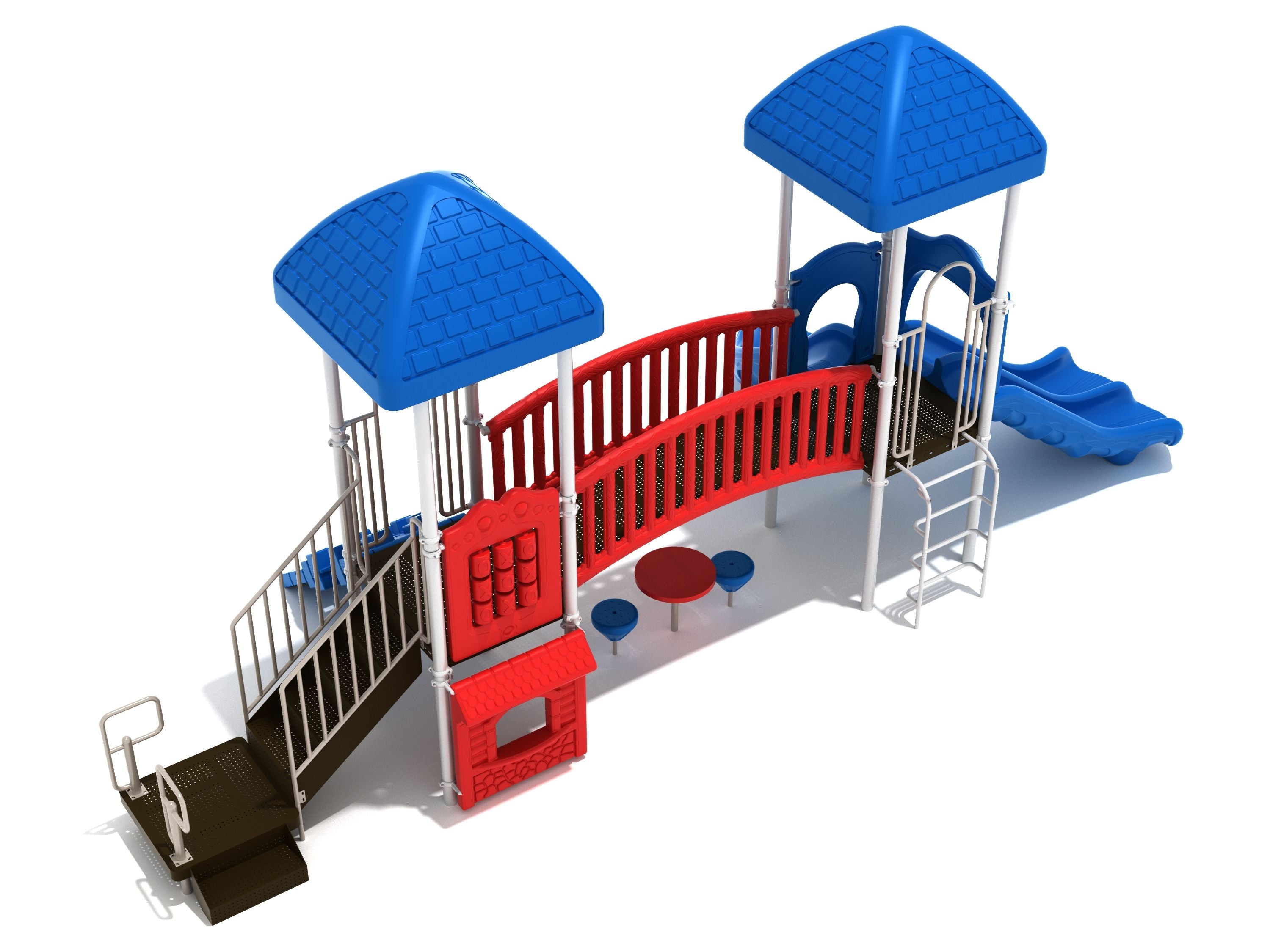 Scranton Playground with two blue-roofed towers, red bamboo arch bridge, double blue slide, and shaded pebble-seat table underneath