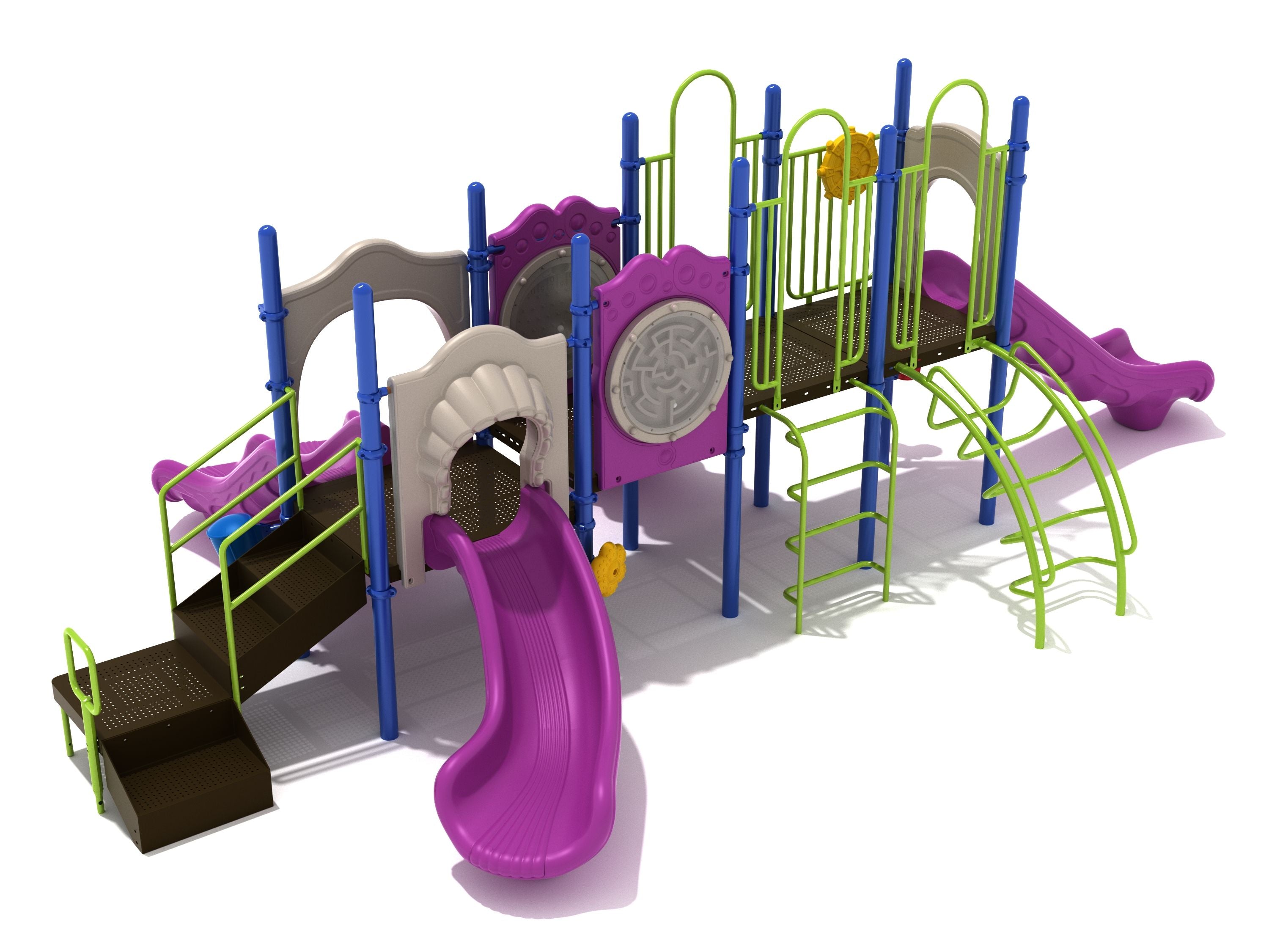 Barberton Playground large play system with purple slides, green climbers, blue posts, interactive panels, and a ship’s wheel