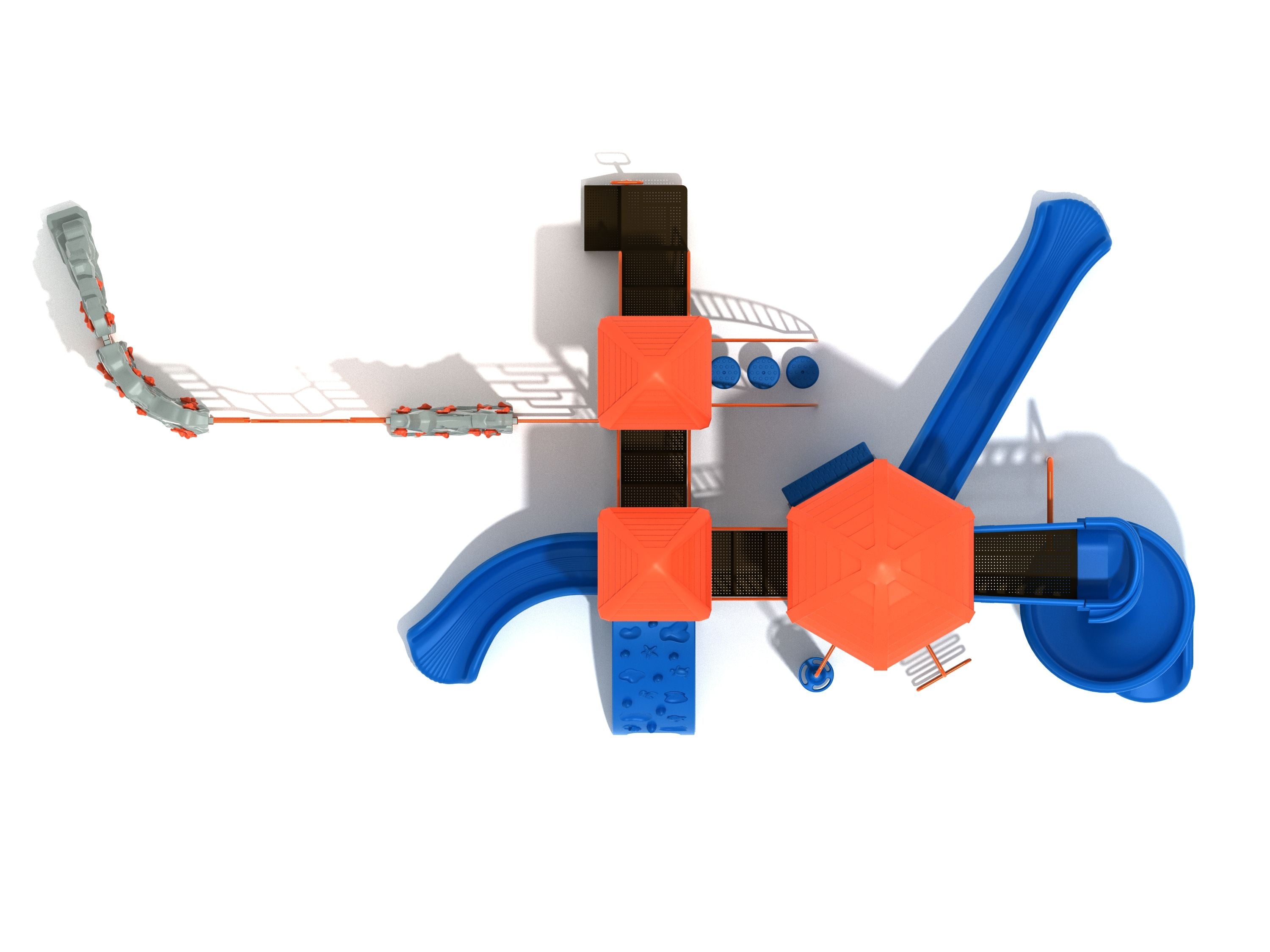 Overhead view of a large playground structure with orange roofs, blue slides, climbing walls, pebble climber, and connecting bridges