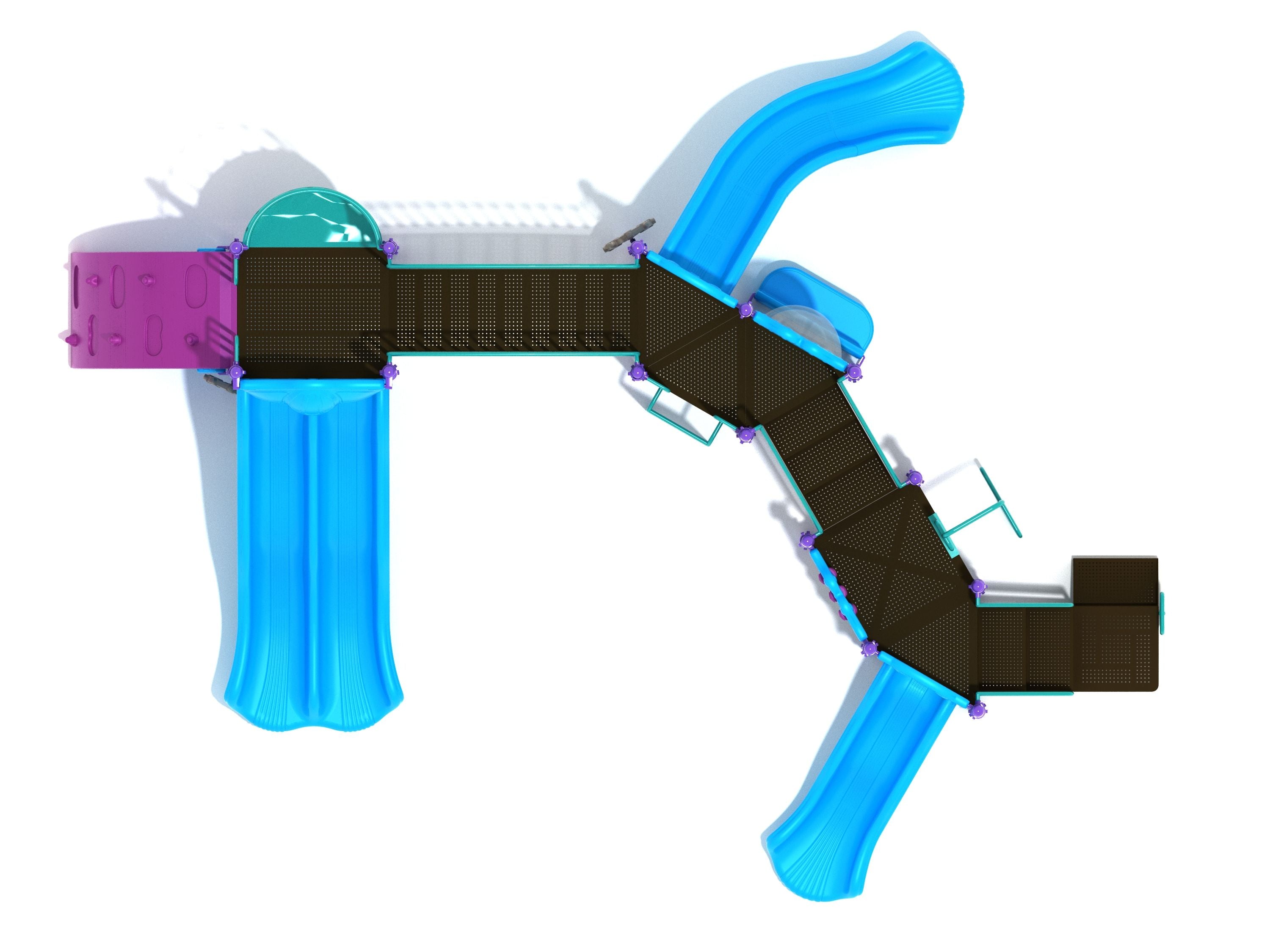 Overhead view of commercial playground with multiple blue slides, climbing panels, activity decks, and walkways