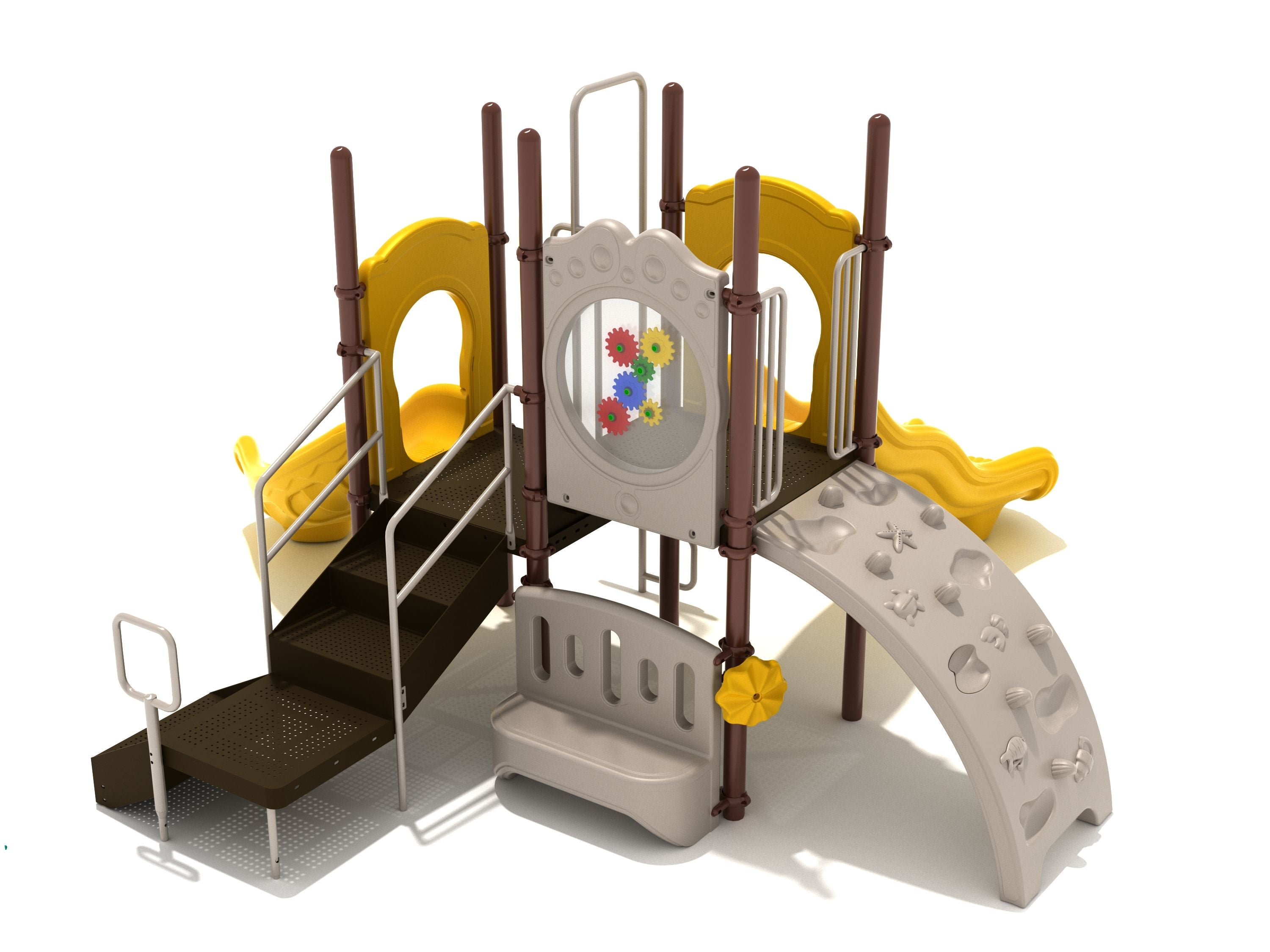 Compact playground structure with yellow wave and right-turn slides, sea creature climbing arch, stairs, and interactive gear panel