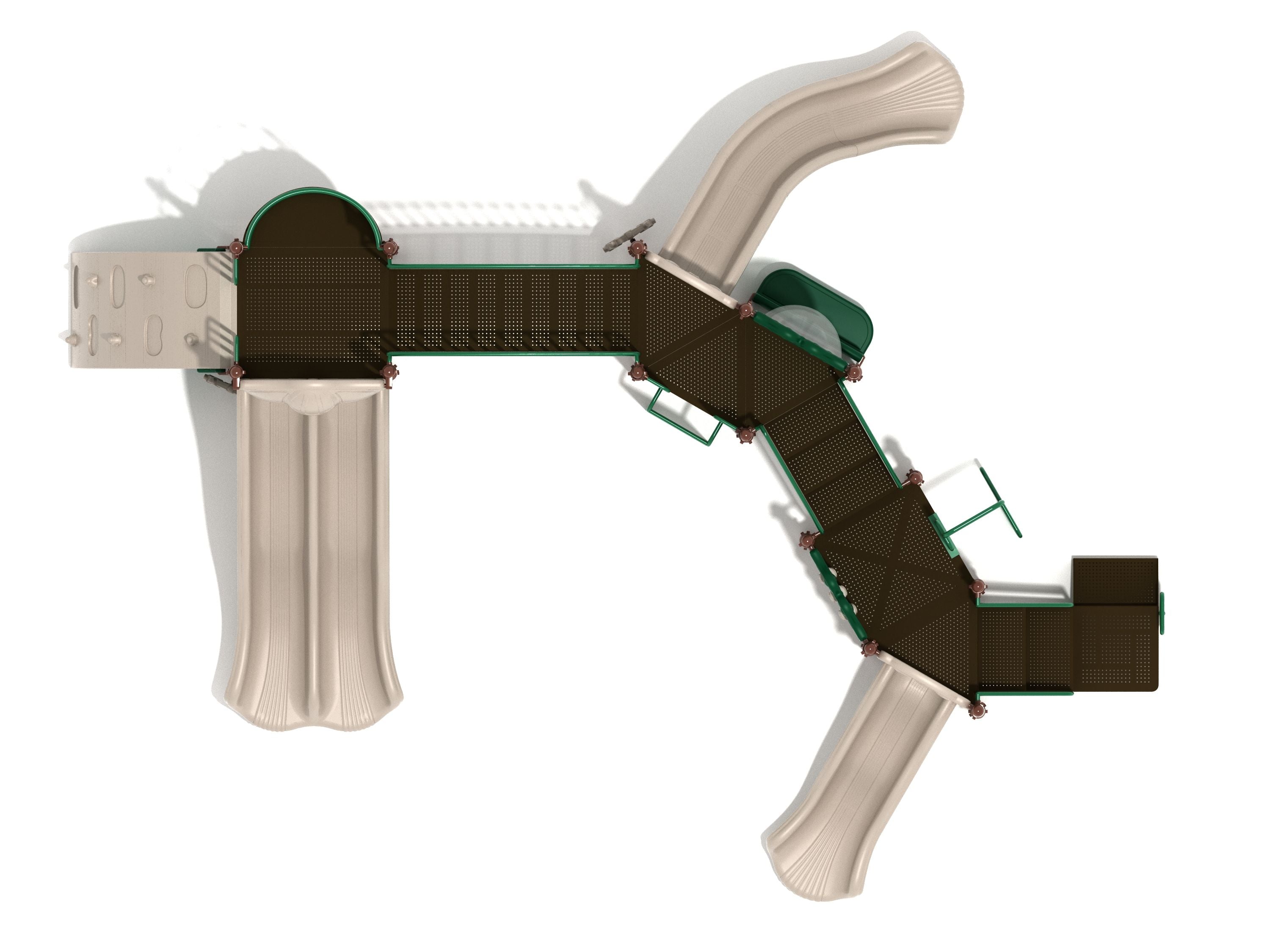 Overhead view of large modular playground with three beige slides, connected decks, and green climbing elements