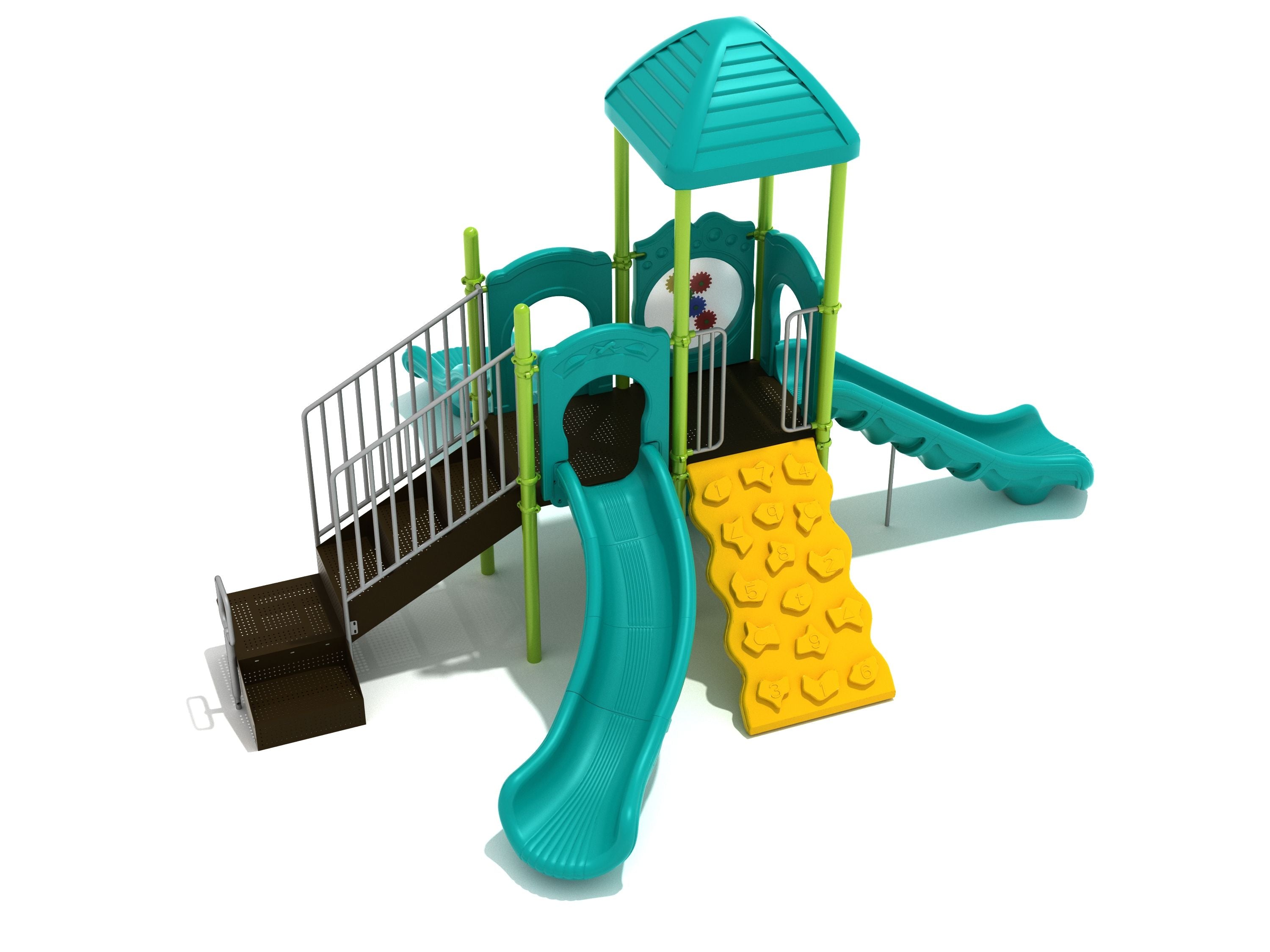 Compact playground structure with three slides, yellow climbing wall, shaded platform, and interactive play panels including ship’s wheel and store panel.