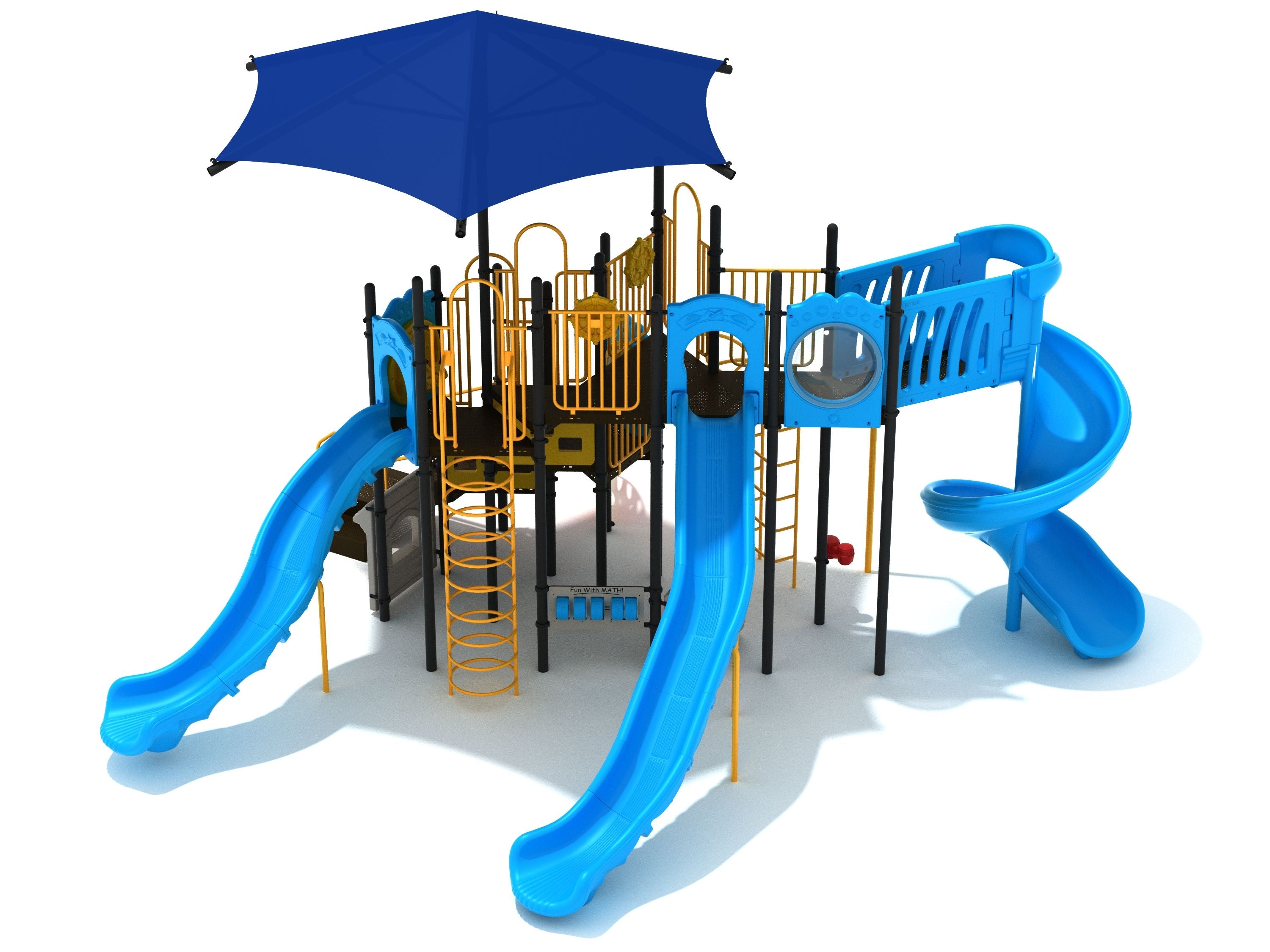Colorful playground with blue slides, climbing elements, math panels, bongos, and large blue hex shade canopy