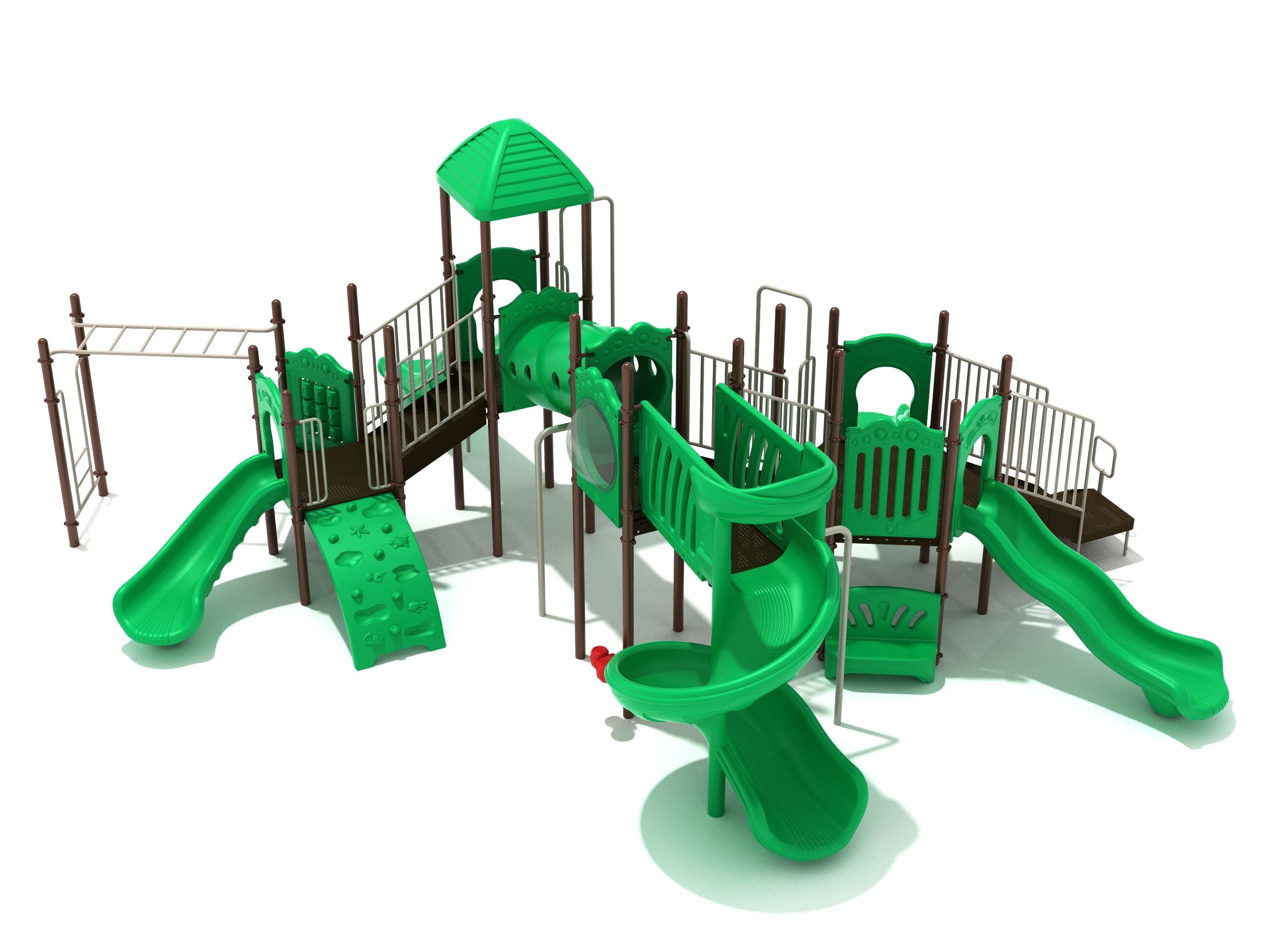 Green and brown playground structure with multiple slides, climbers, a tube tunnel, and a spiral slide viewed at an angle