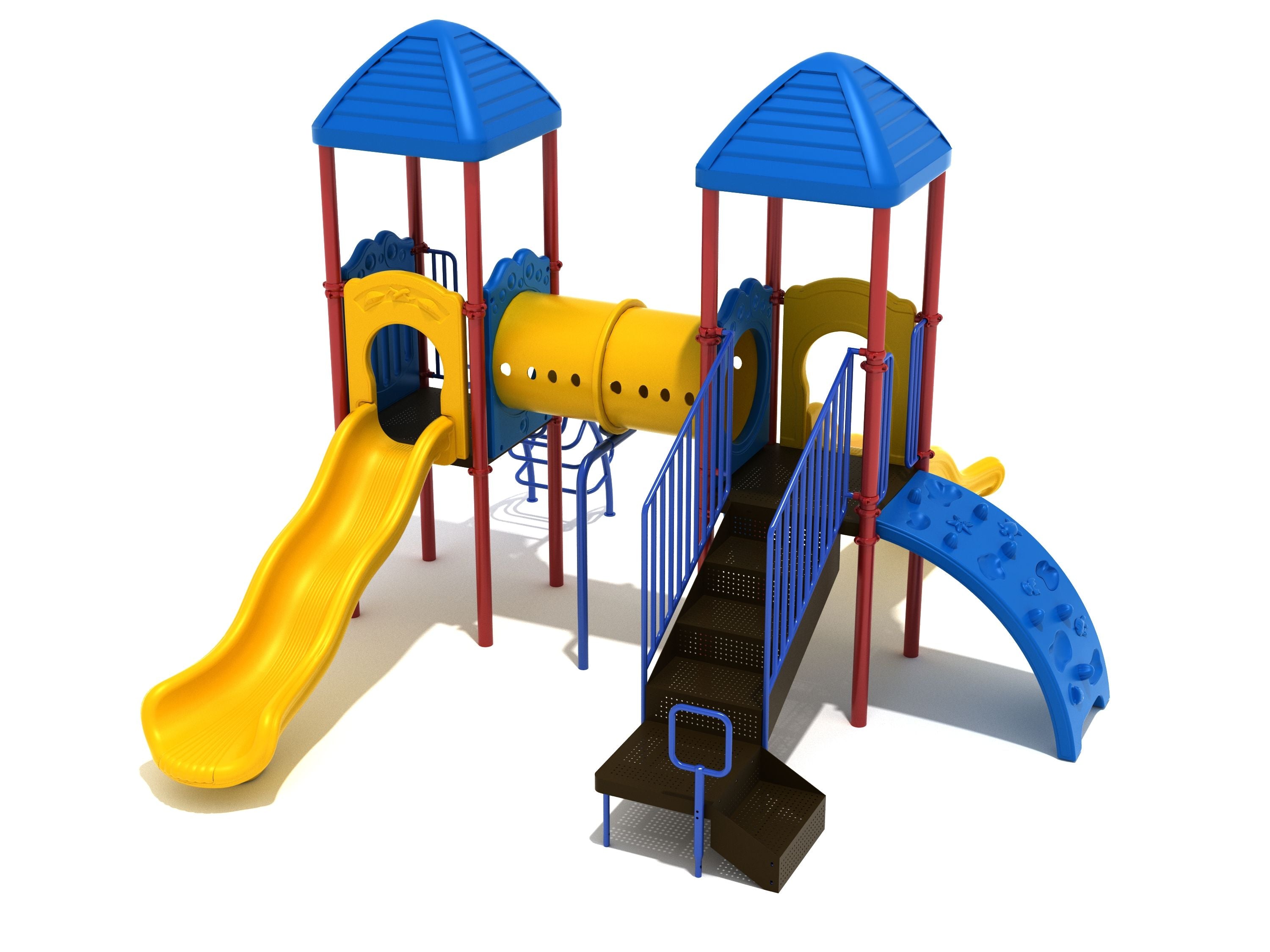 Carlisle Playground two-tower commercial play structure with yellow wave slides, blue tube bridge, arched climbers, and primary colors