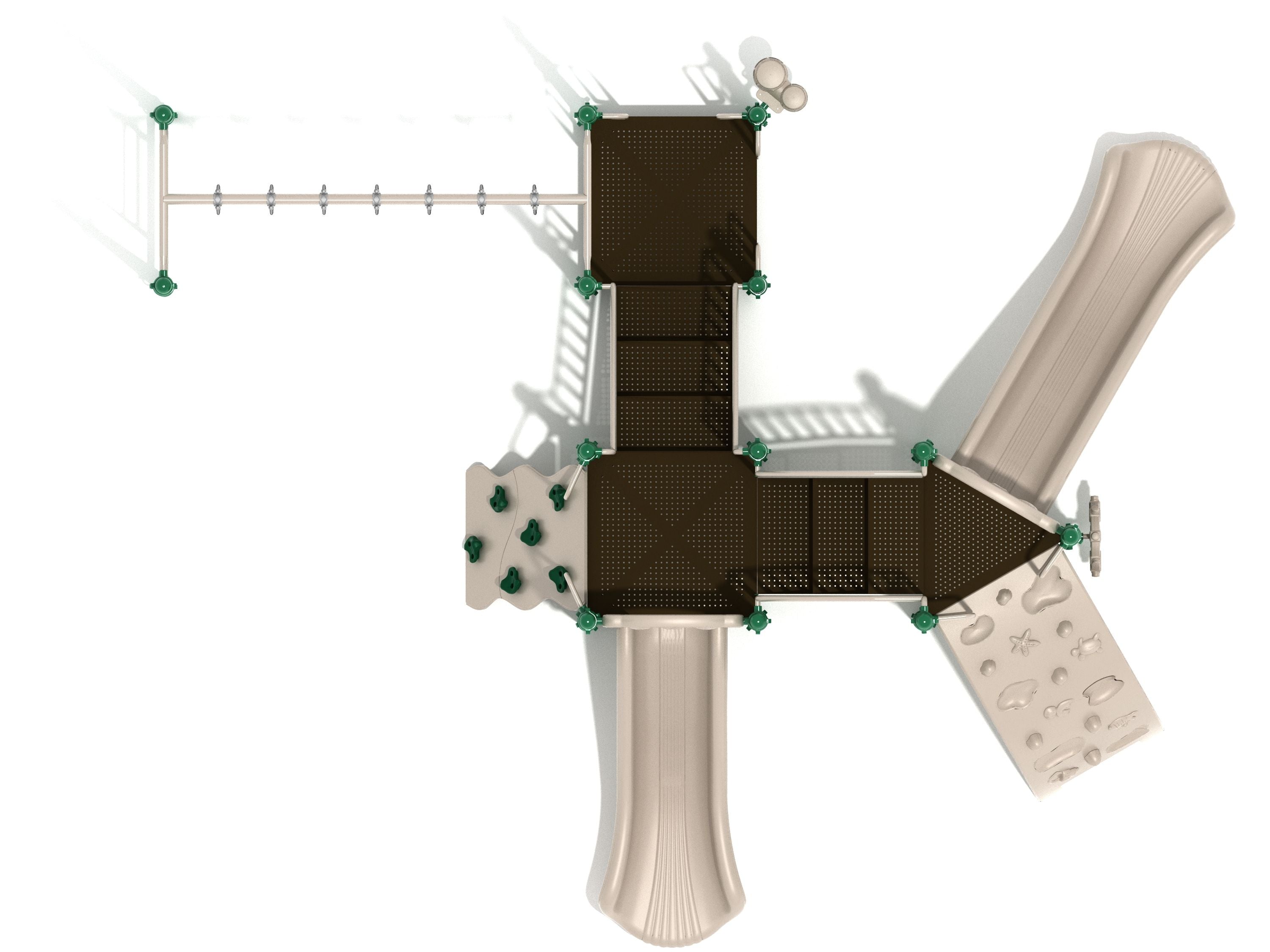 Overhead view of a large playground structure with two straight slides, climbing walls, swinging rung ladder, and ship’s wheel.