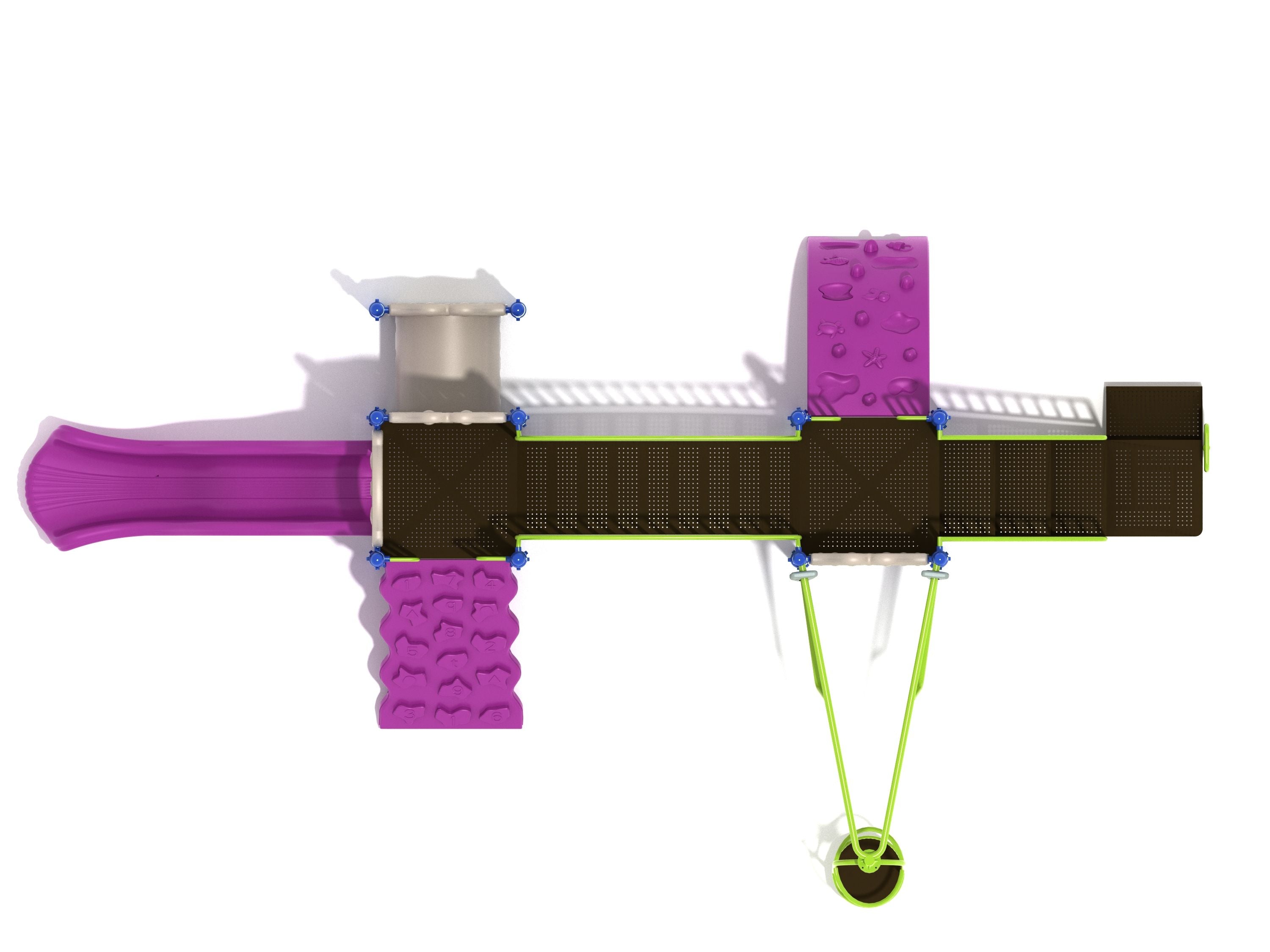 Overhead view of a colorful playground with platforms, wave slide, climbers, bridges, crawl tube, and circular swing