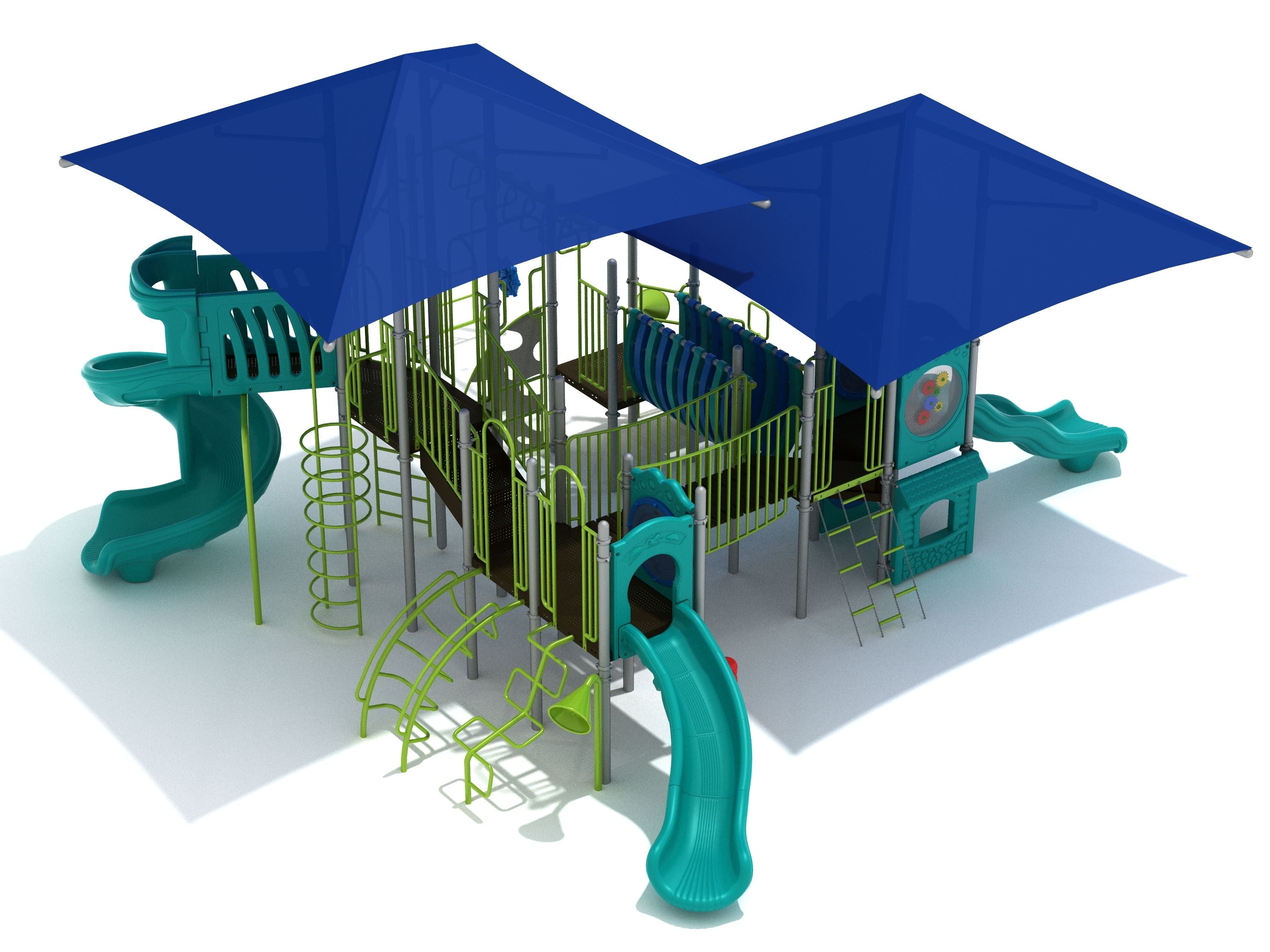 Colorful playground structure with slides, climbing elements, interactive play panels, and two large blue shade canopies