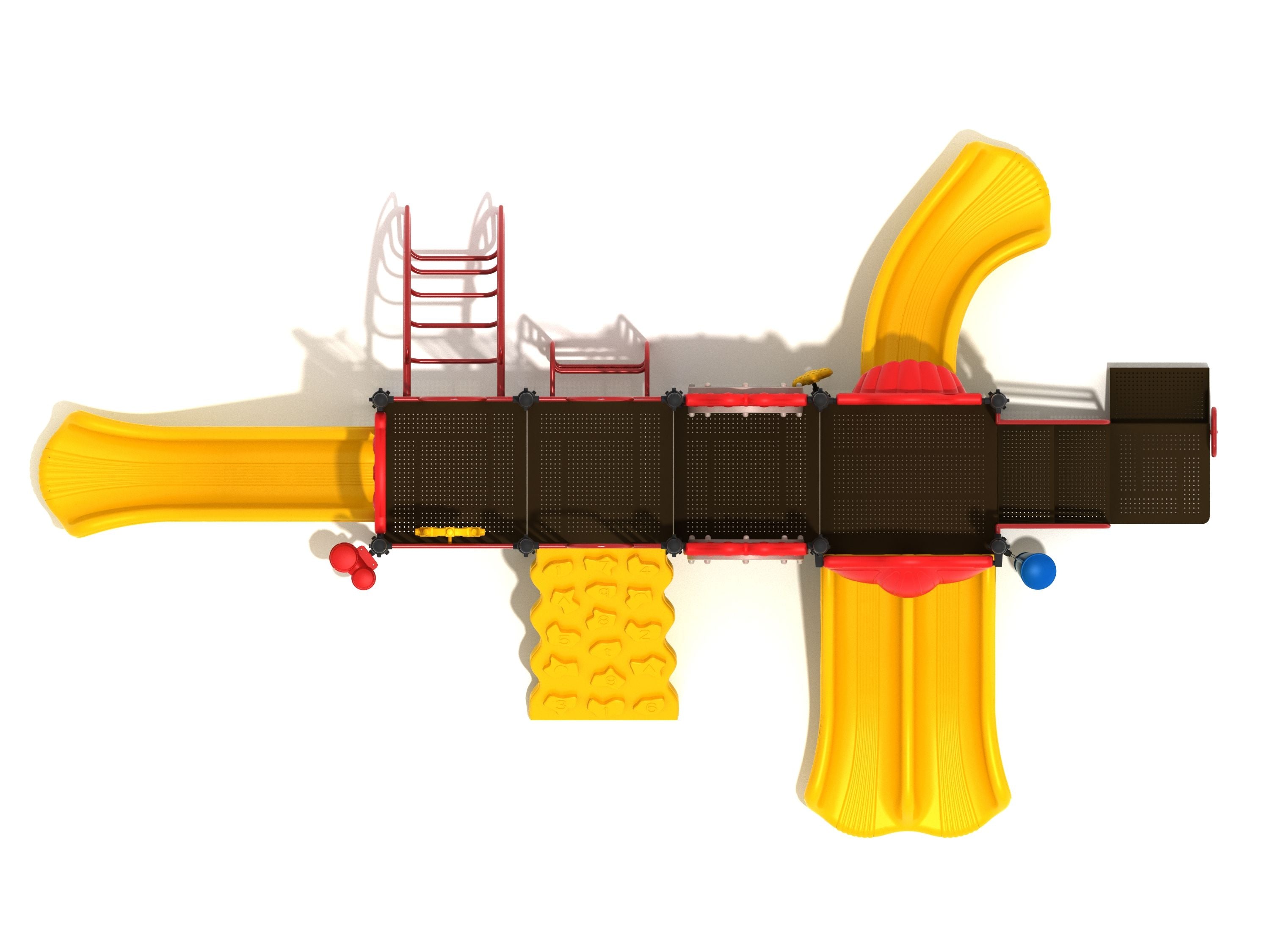 Overhead view of a linear playground structure with yellow slides, red climbers, interactive panels, and a ship’s wheel
