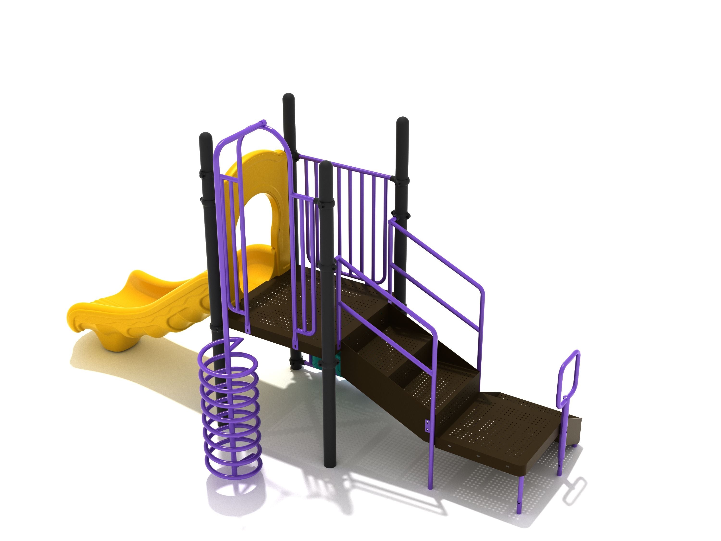 Compact outdoor play structure with yellow straight slide, purple spiral climber, brown platform, stairs, railings, and tic-tac-toe panel