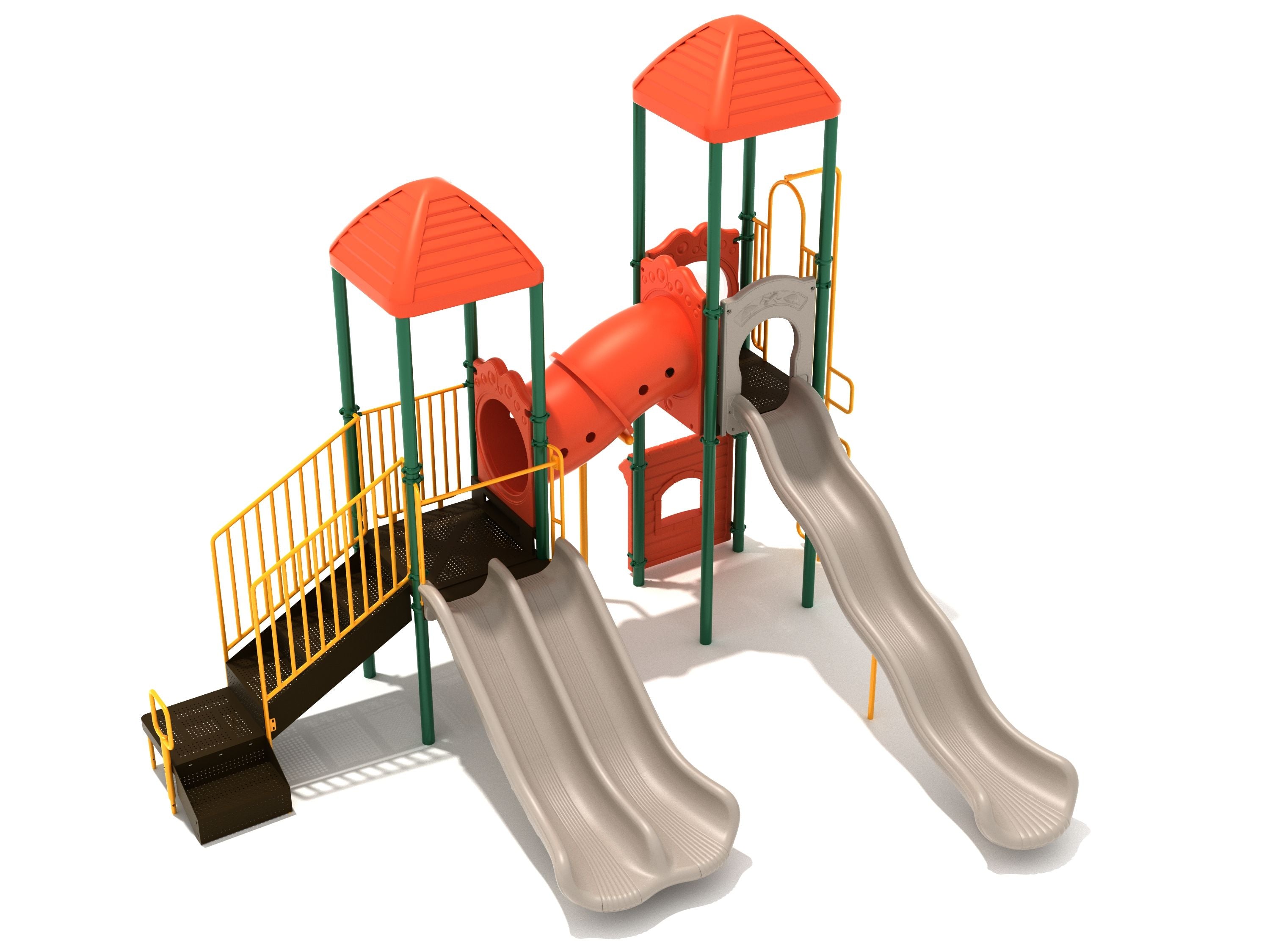 Telluride Playground with orange roofs, beige single and double wave slides, green posts, and an orange tube bridge
