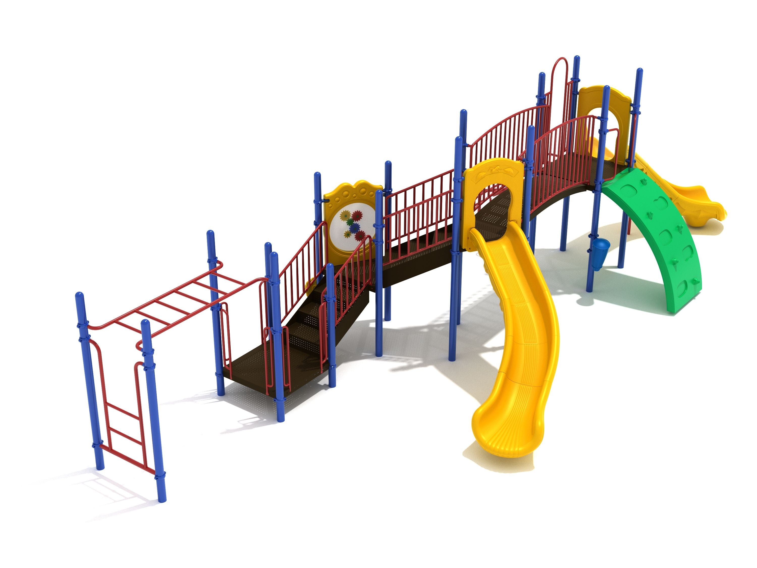 Greensboro Playground large play system with yellow right-turn slides, red railings, blue posts, green climbing wall, and interactive gear panel
