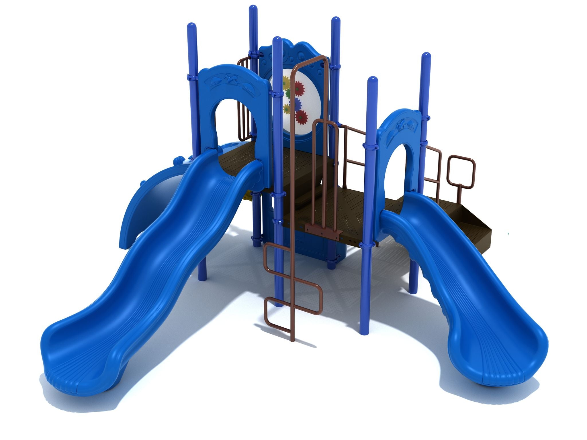 Compact blue playground structure with two slides, climbing ladder, and interactive gear panel