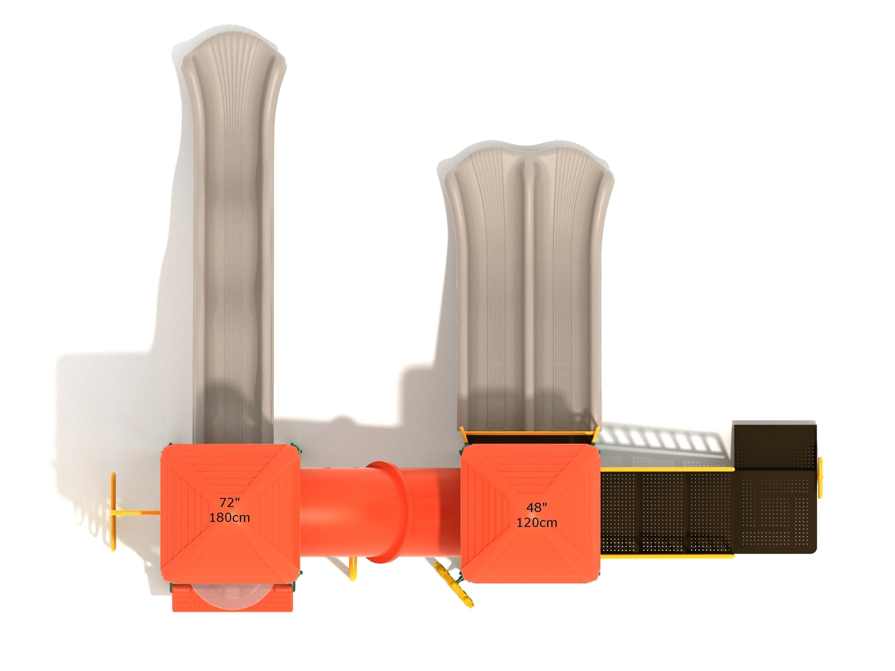Overhead view of playground with beige wave slides, orange platforms, red tube bridge, and black climbing panels