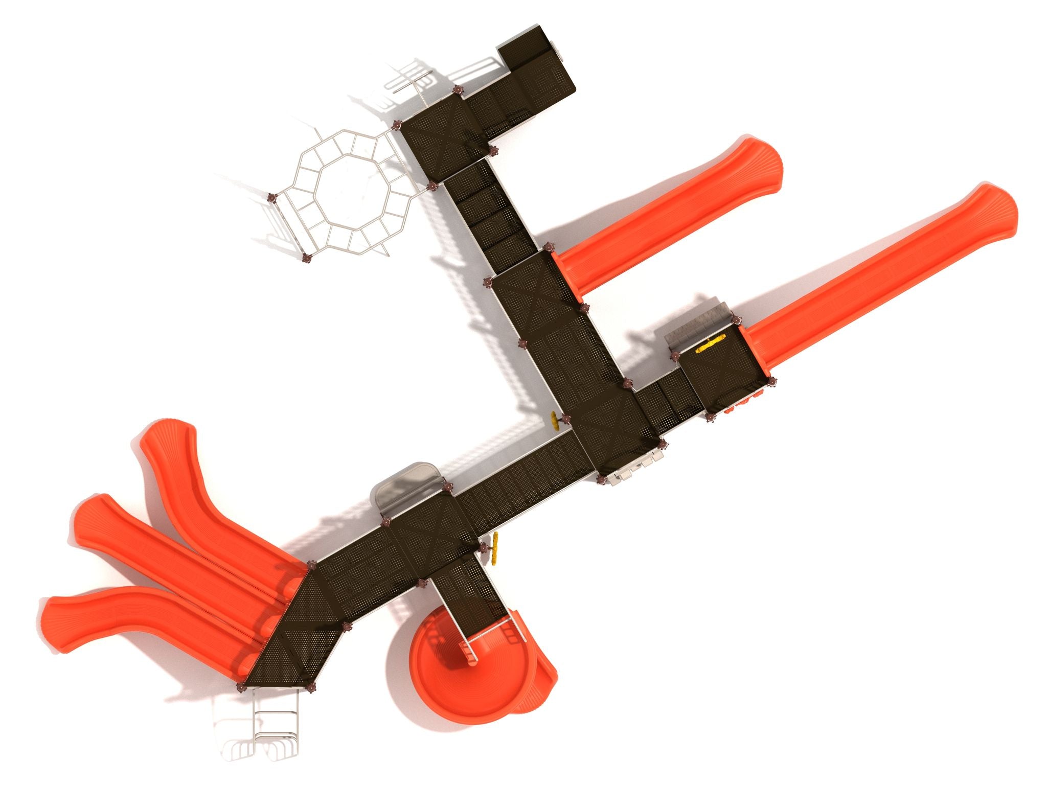 Overhead view of large playground system with multiple orange slides, climbing ladders, platforms, and interactive play panels