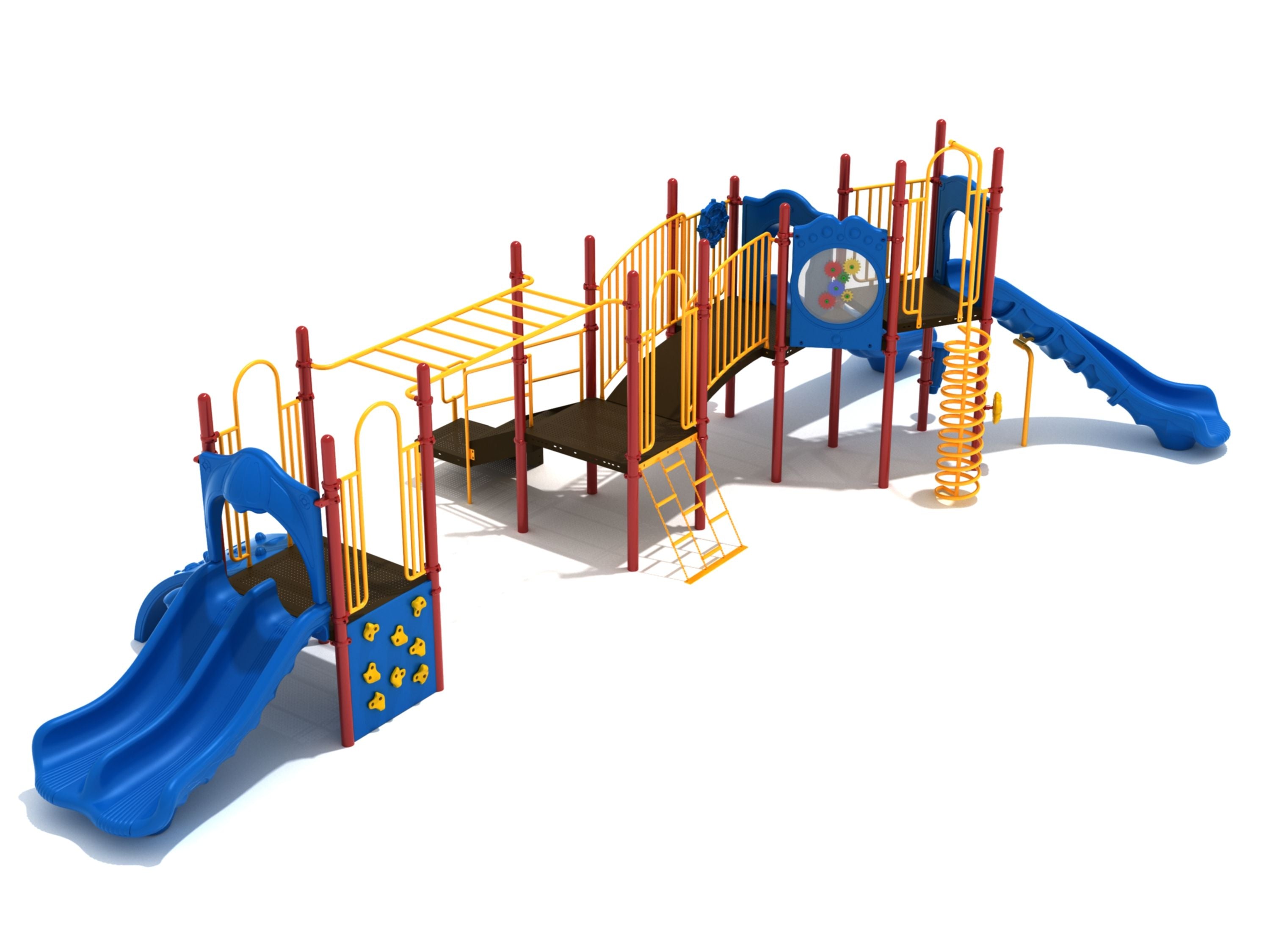 Colorful playground with blue slides, yellow climbing ladders, spiral climber, gear panel, and various climbing obstacles