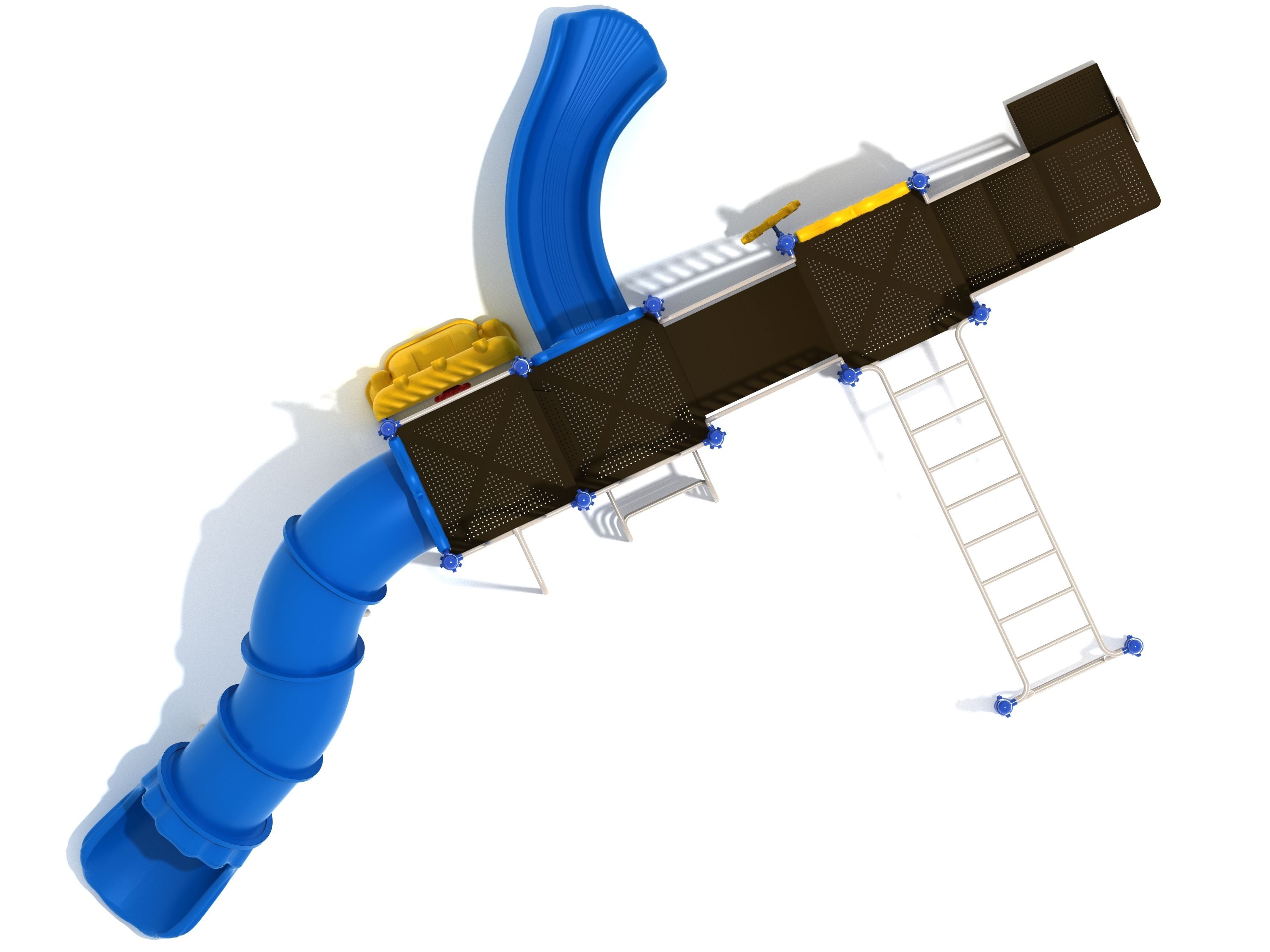 Overhead view of playground structure with blue curved tube slide, straight slide, metal ladders, and brown platforms