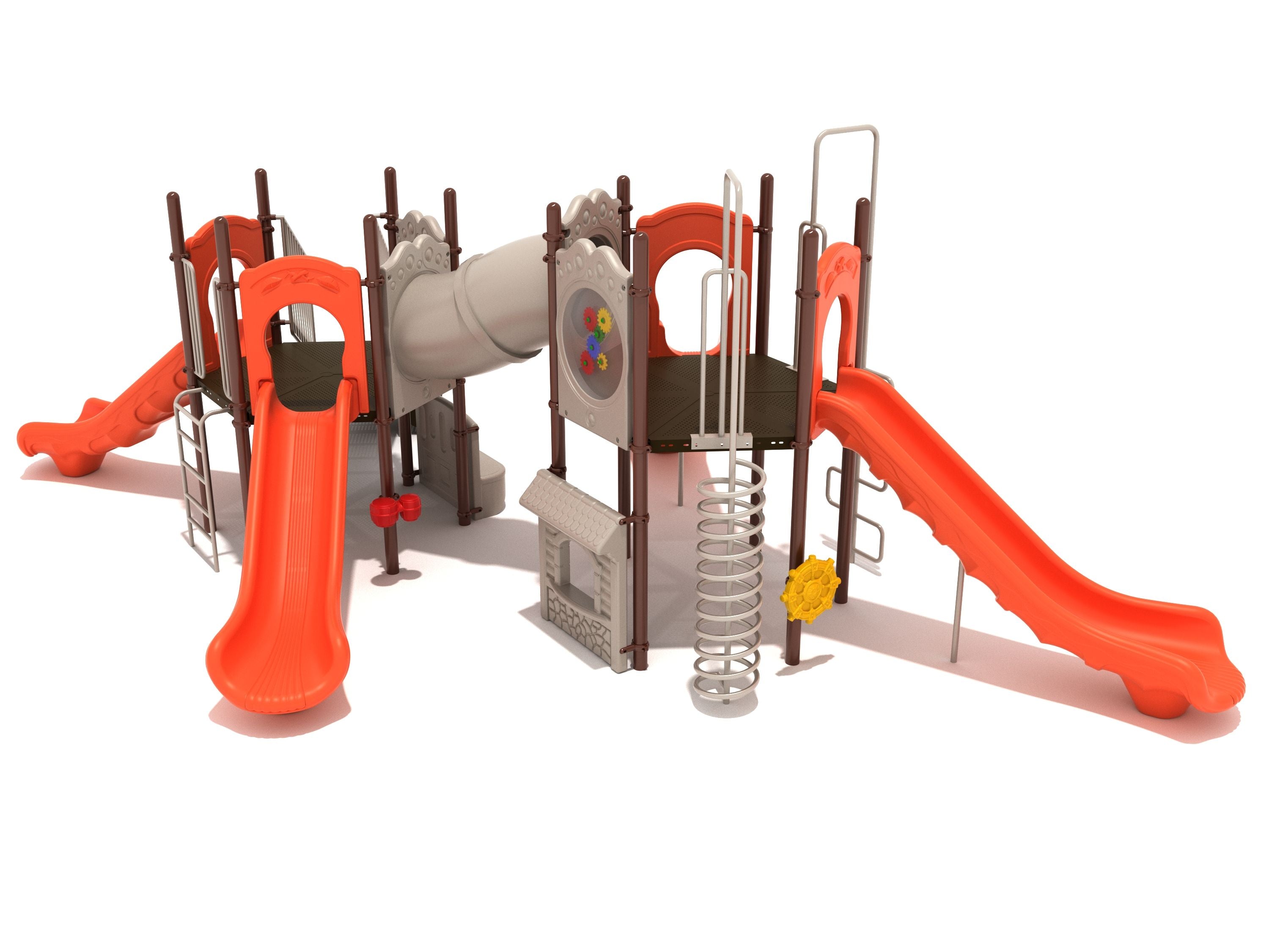 Playground structure with four orange slides, spiral and snake climbers, tube bridge, gear panel, and musical play elements