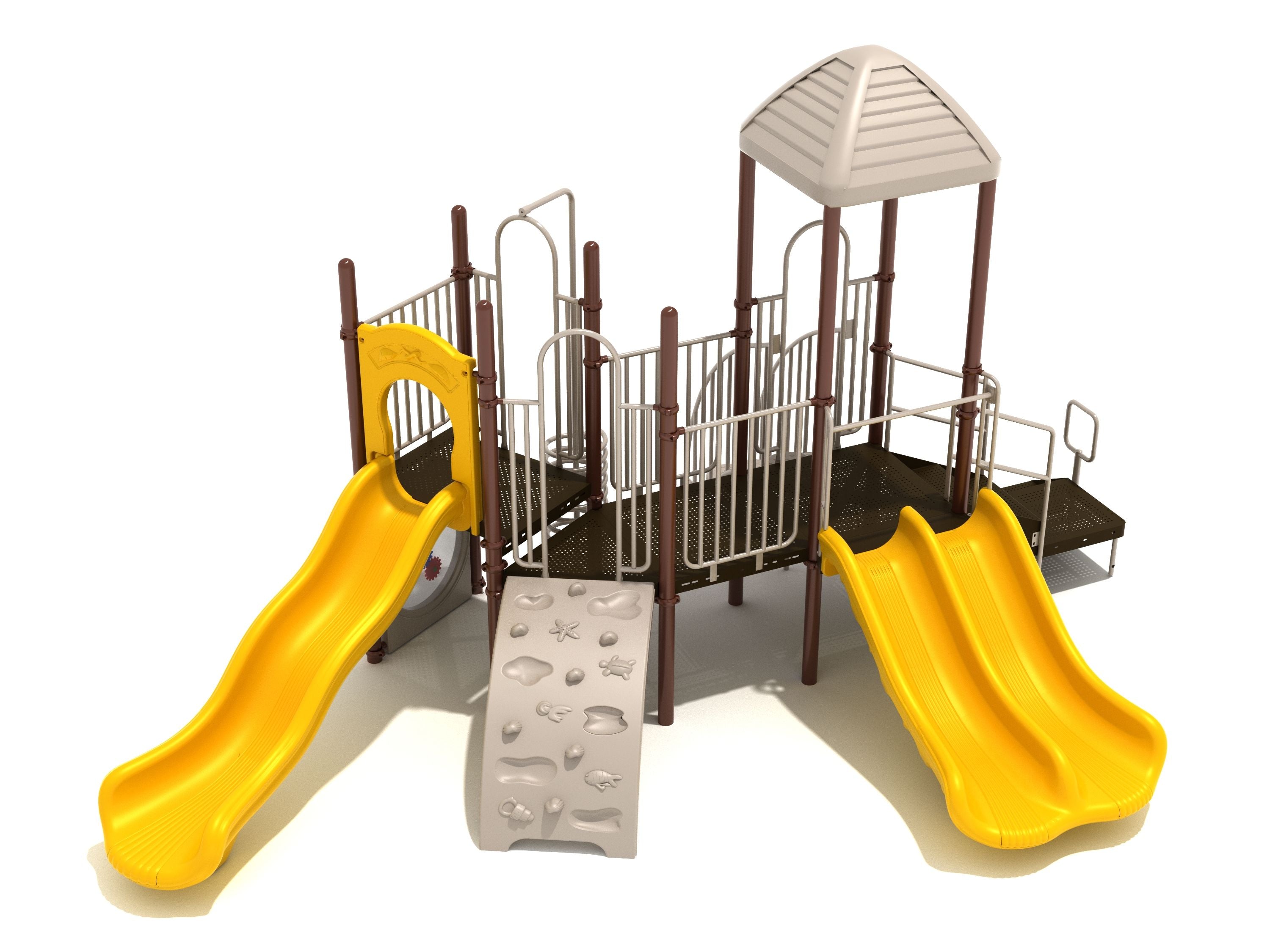 Playground structure with yellow double and single slides, climbing walls including spiral and pebble climbers, shaded platform, and interactive panels.