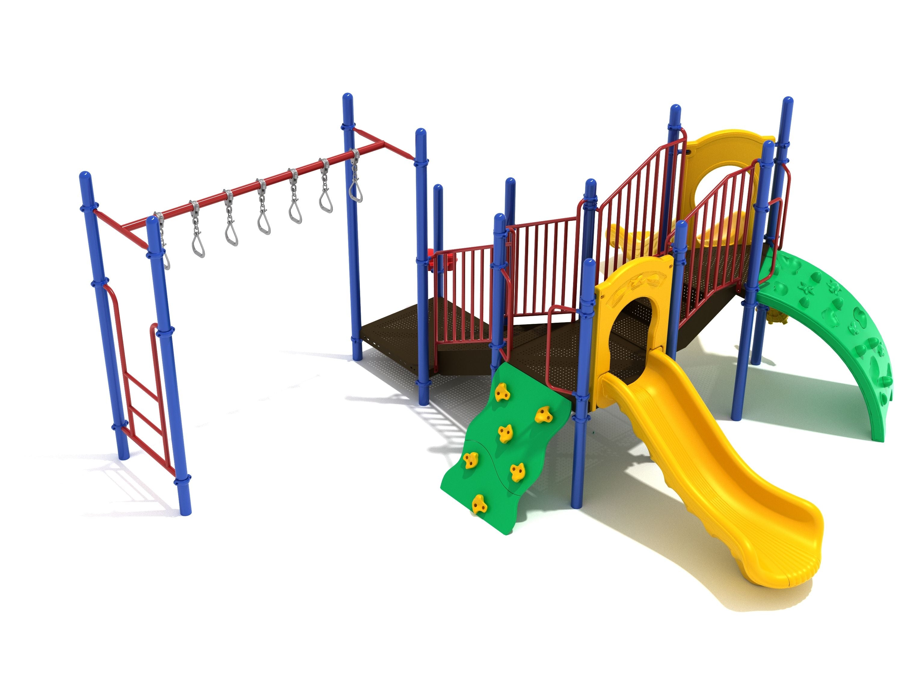 Quincy Playground with yellow double slides, green rock climbers, red railings, and blue support posts on large play system