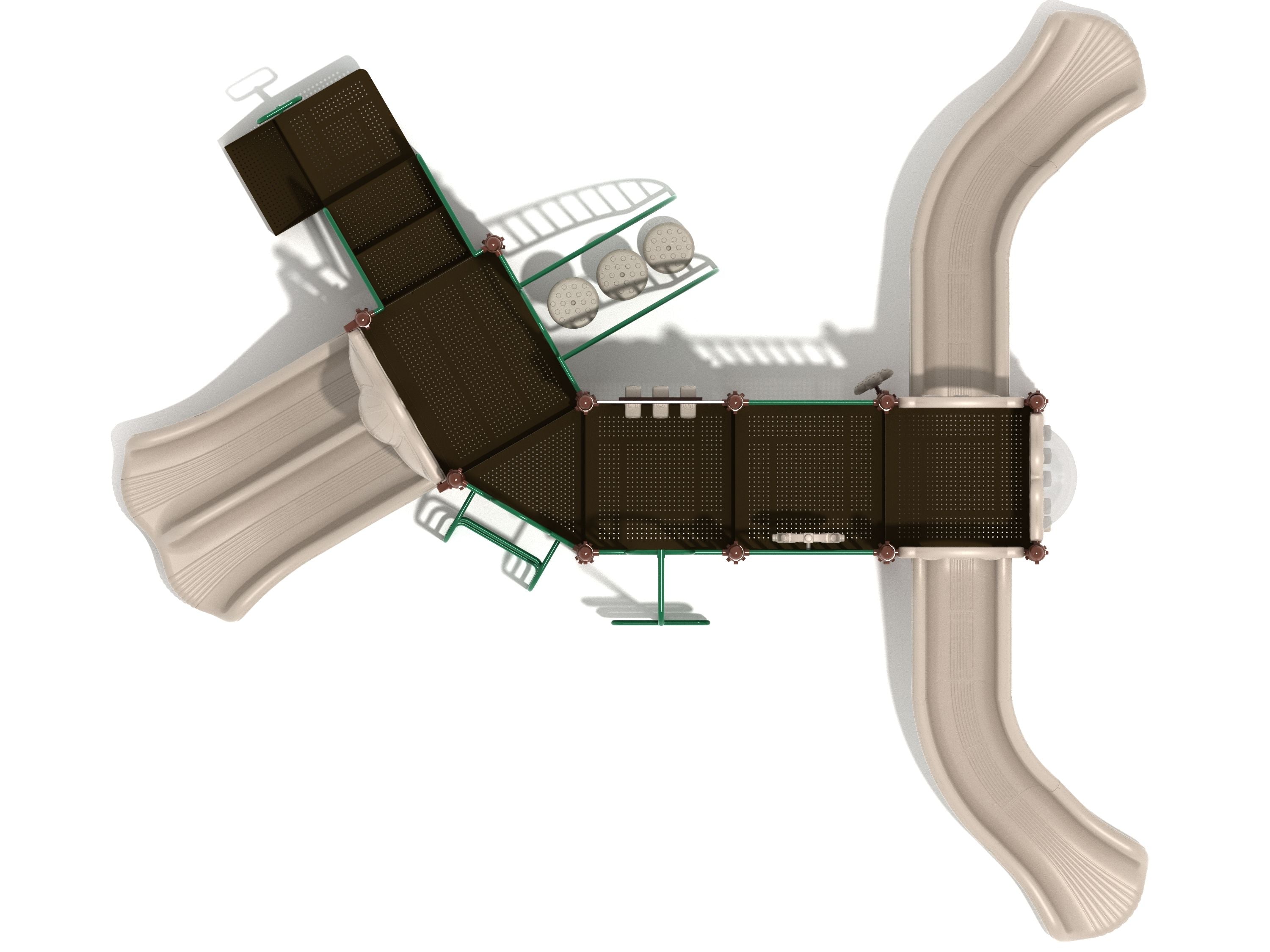 Overhead view of playground structure with beige slides, dark brown platforms, green metal climbers, and educational panels