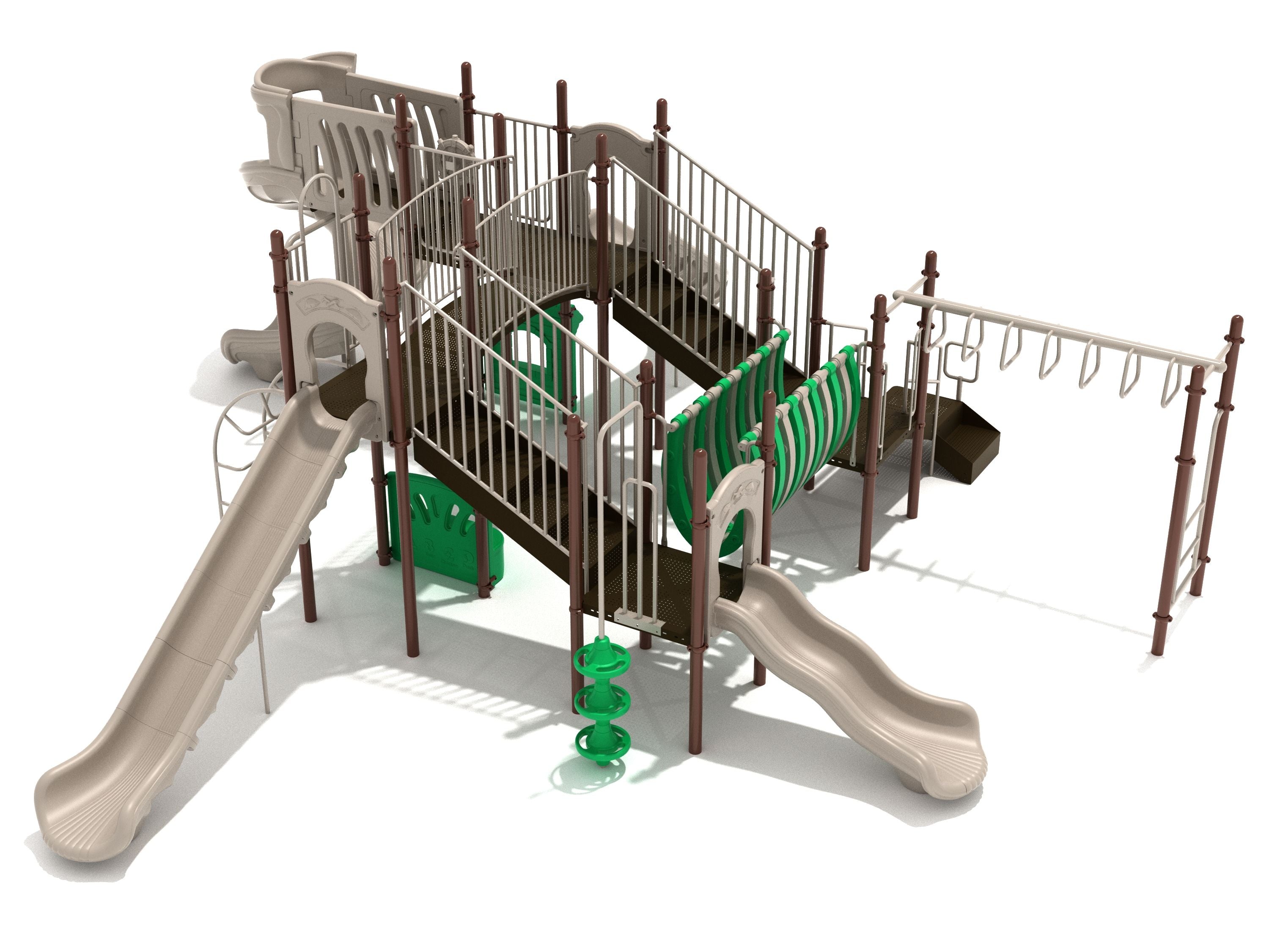 Commercial playground with arch and bones bridges, straight and wave slides, monkey bars, and a green spiral climber.