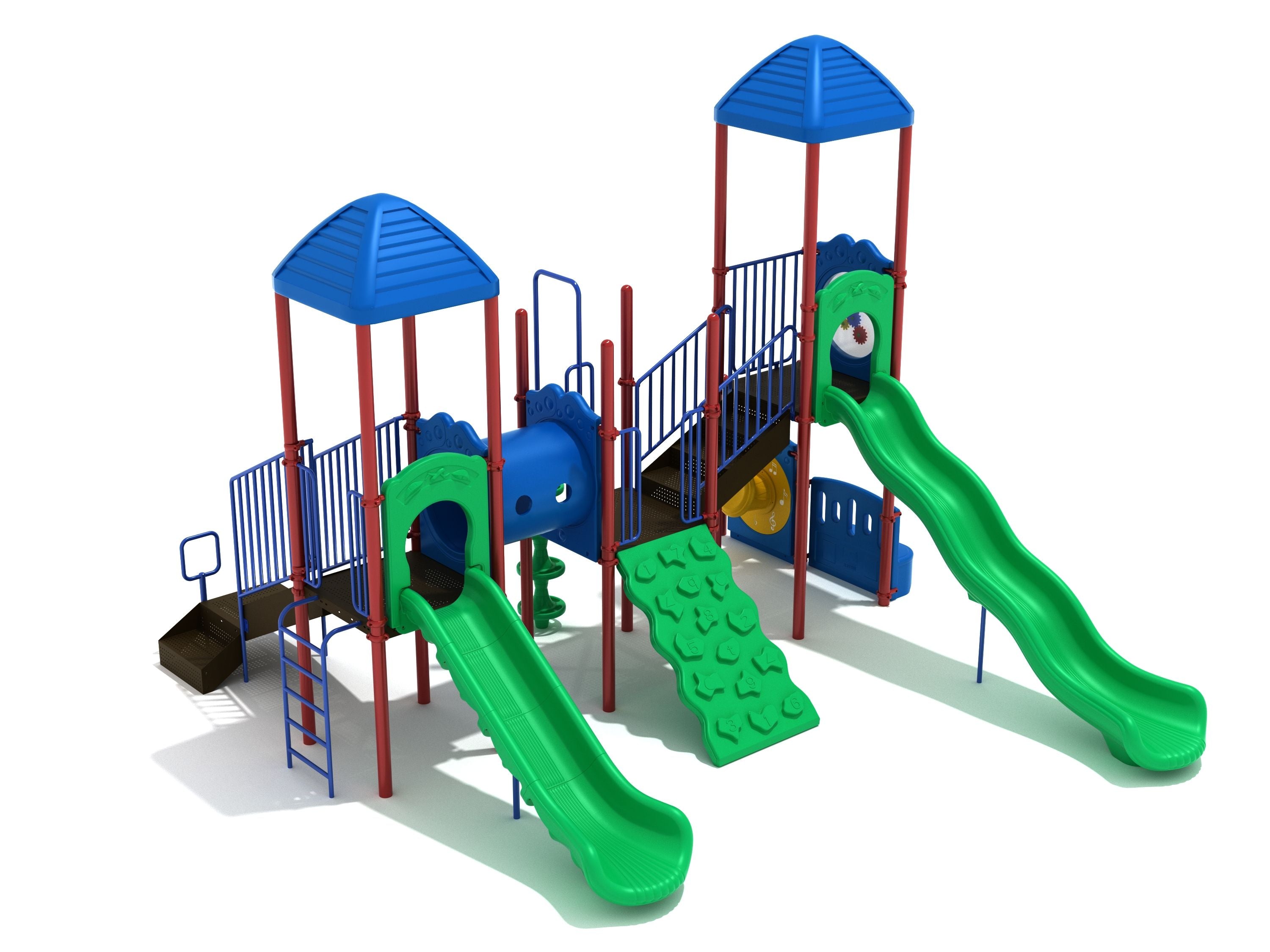 Colorful playground with two blue-roofed towers, green slides, climbing wall, tube bridge, and stairs