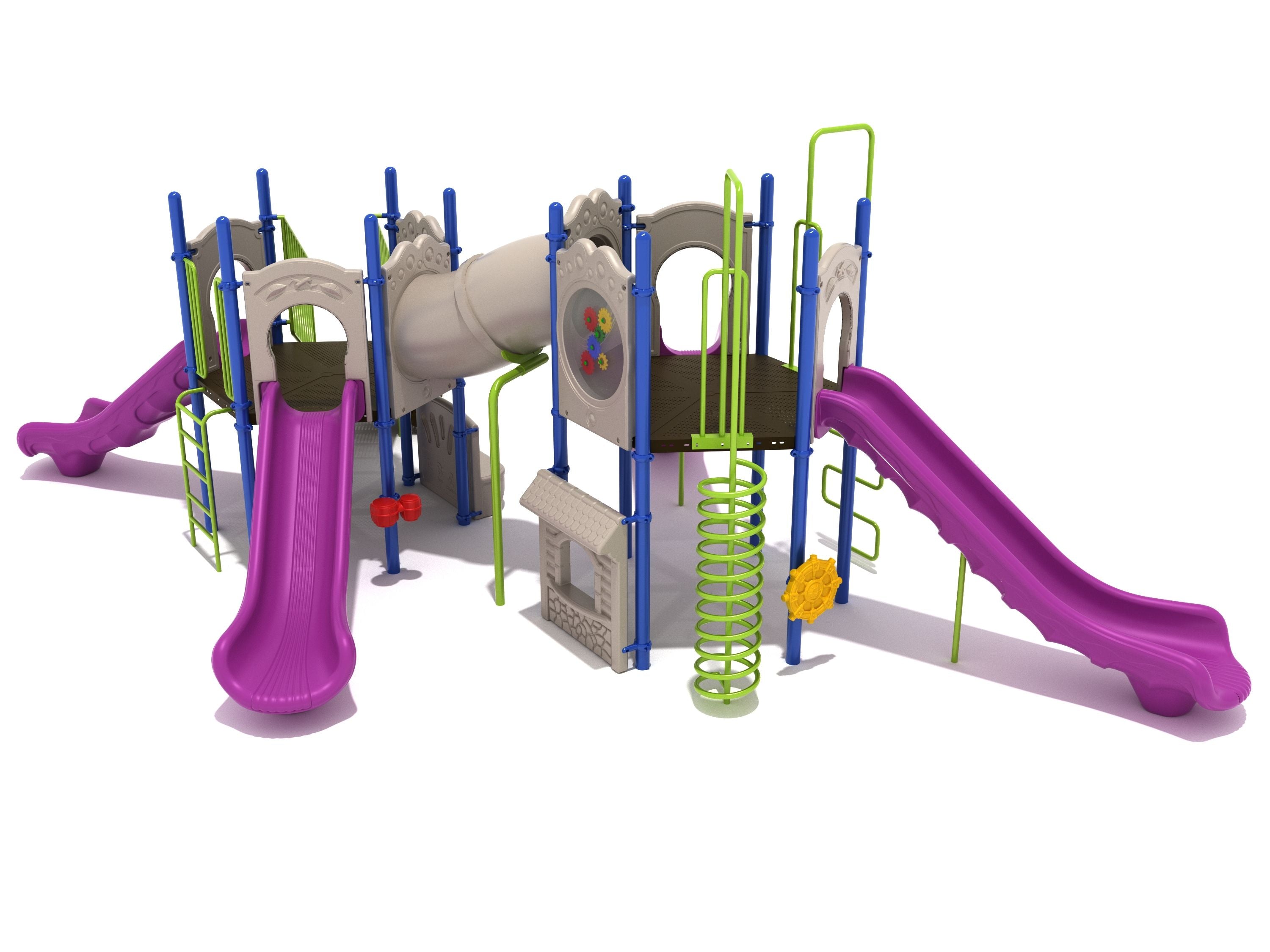 Colorful playground structure with multiple purple slides, climbing ladders, tube bridge, and interactive play panels including drum and gear panels.