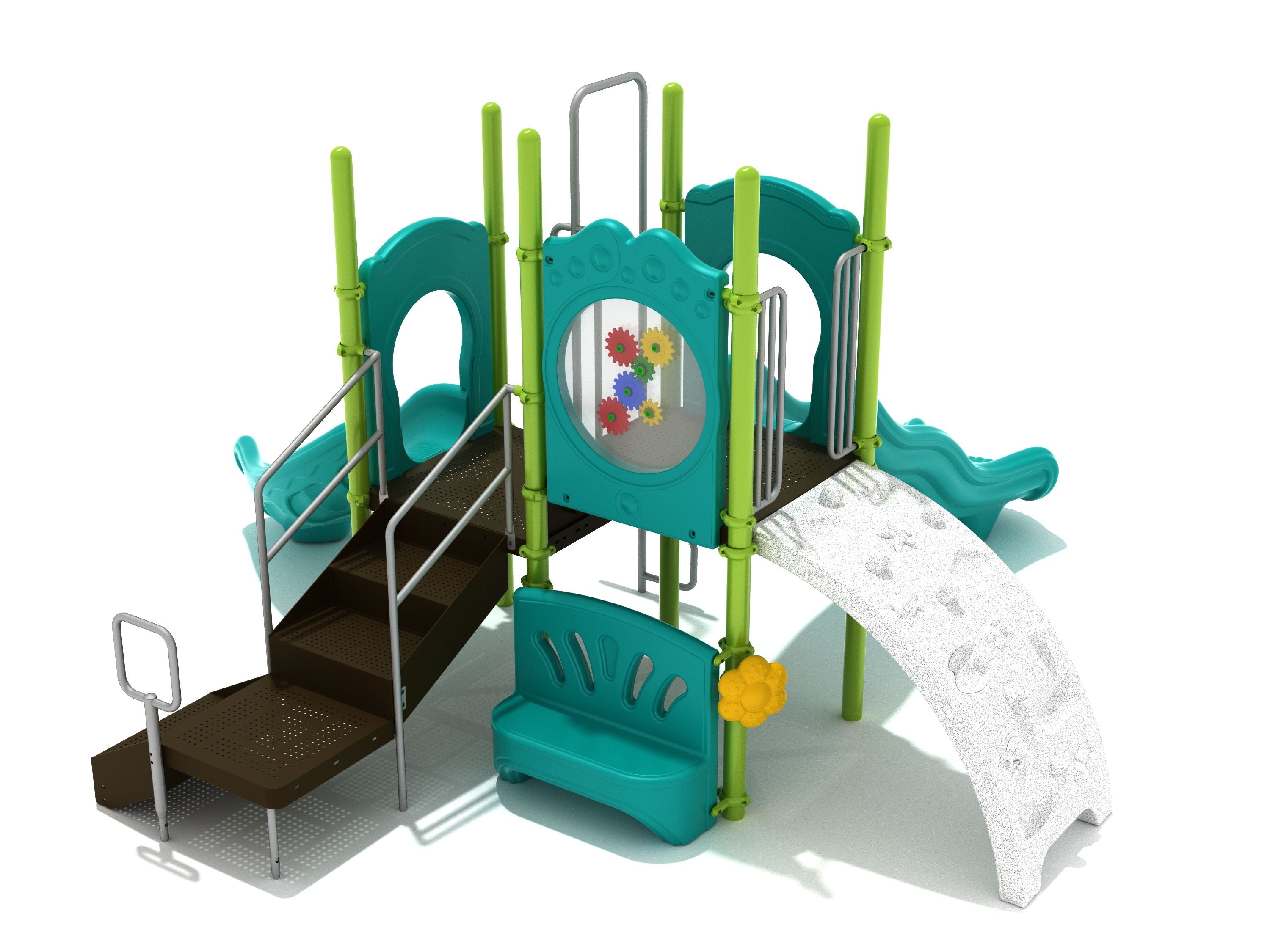 Compact playground with teal and green posts, two slides, stairs, bench panel, and sea creature-themed climber with starfish and shells.