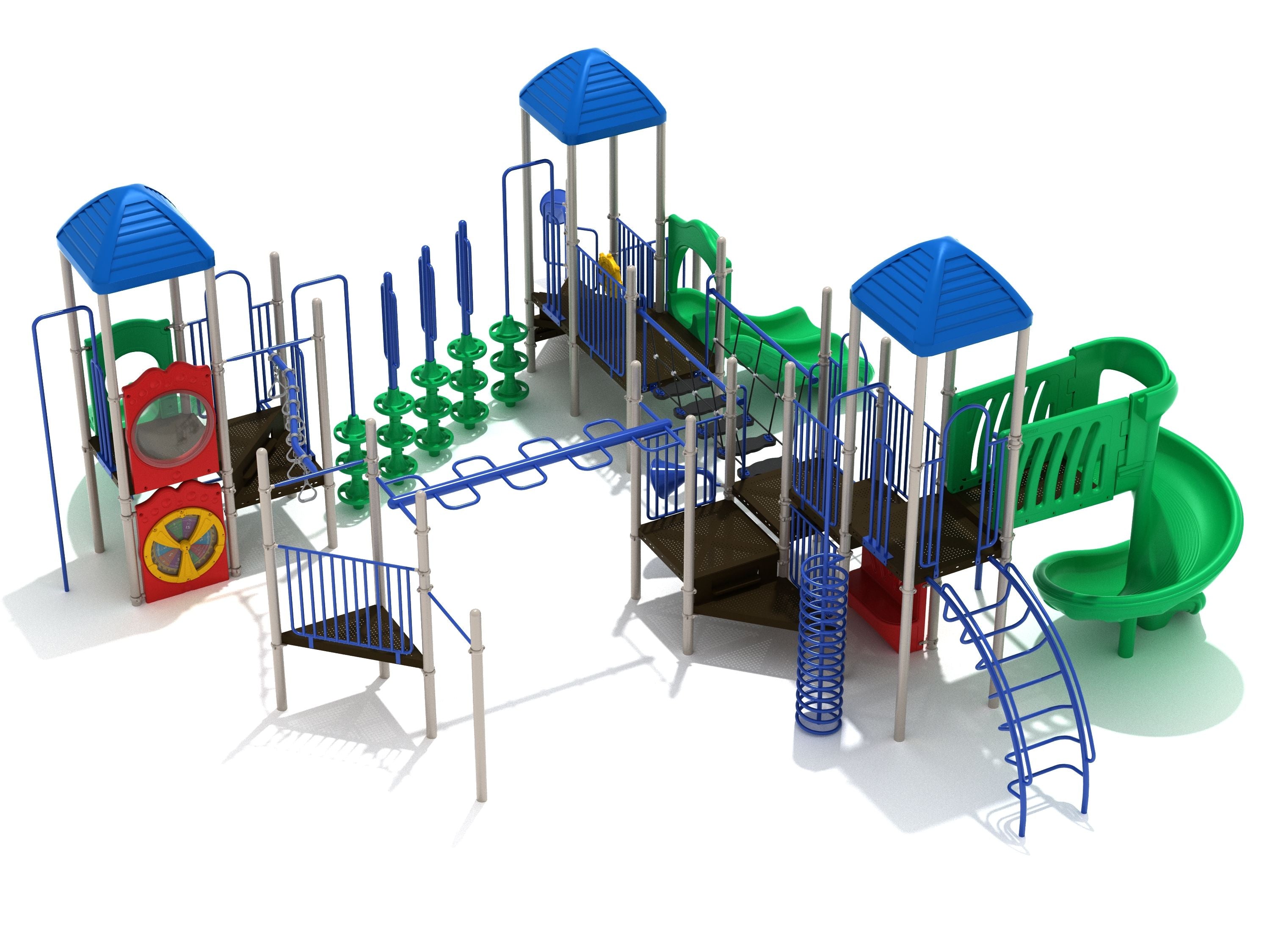 Commercial playground structure with blue roofs, green slides, climbing elements, activity panels, and talk tubes