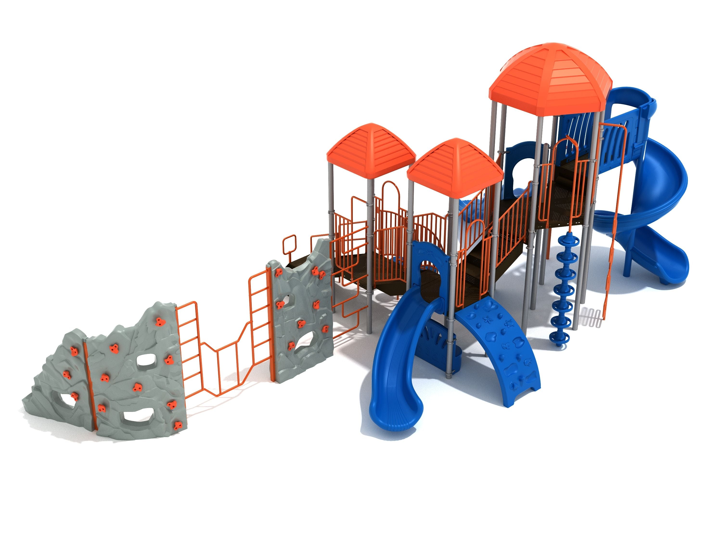 Slidell Playground large play system with orange roofs, blue slides, climbing walls, pebble and sea creature climbers, and connecting bridges