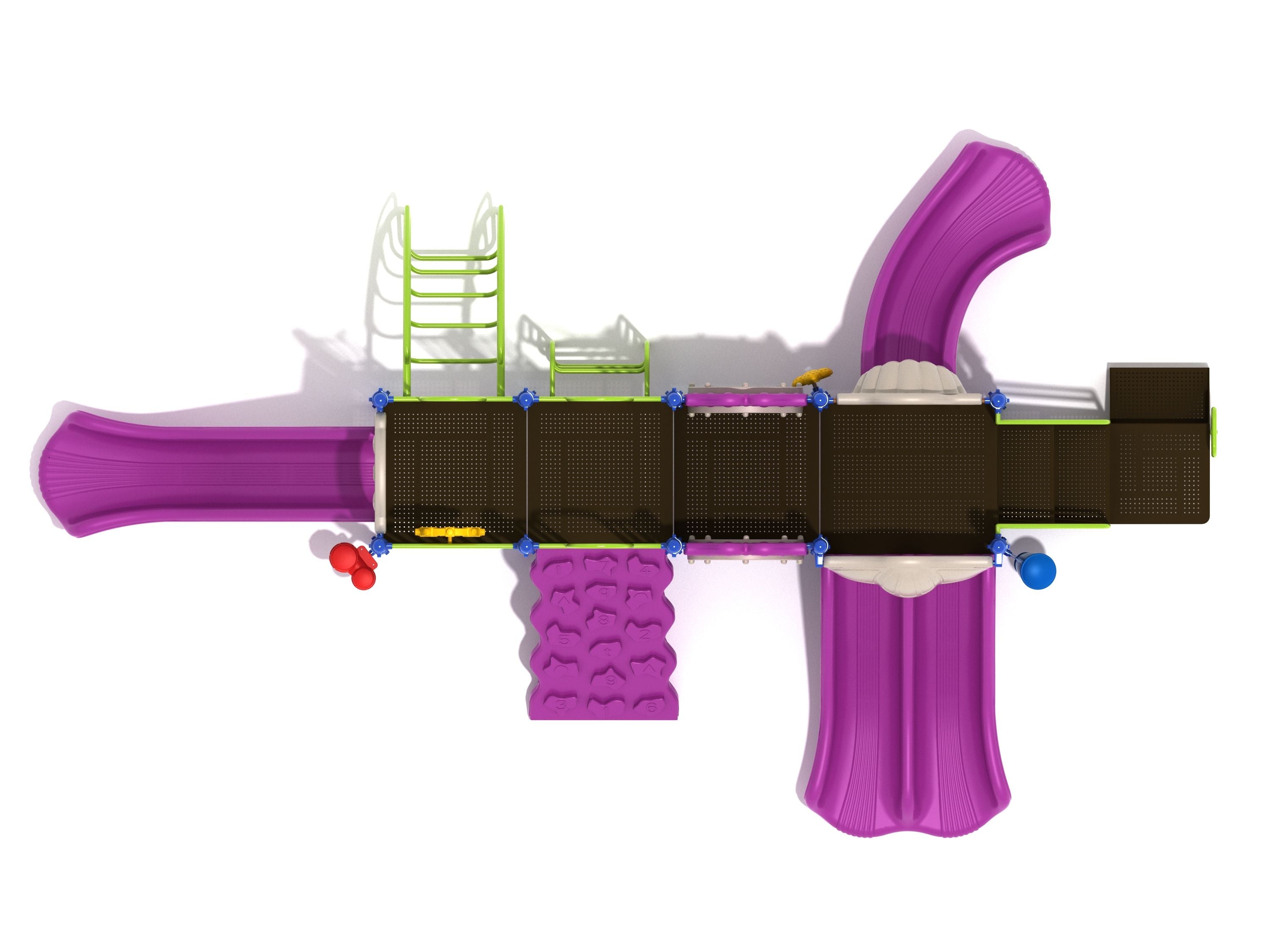 Overhead view of a large linear playground structure with multiple purple slides, green climbers, and interactive play panels