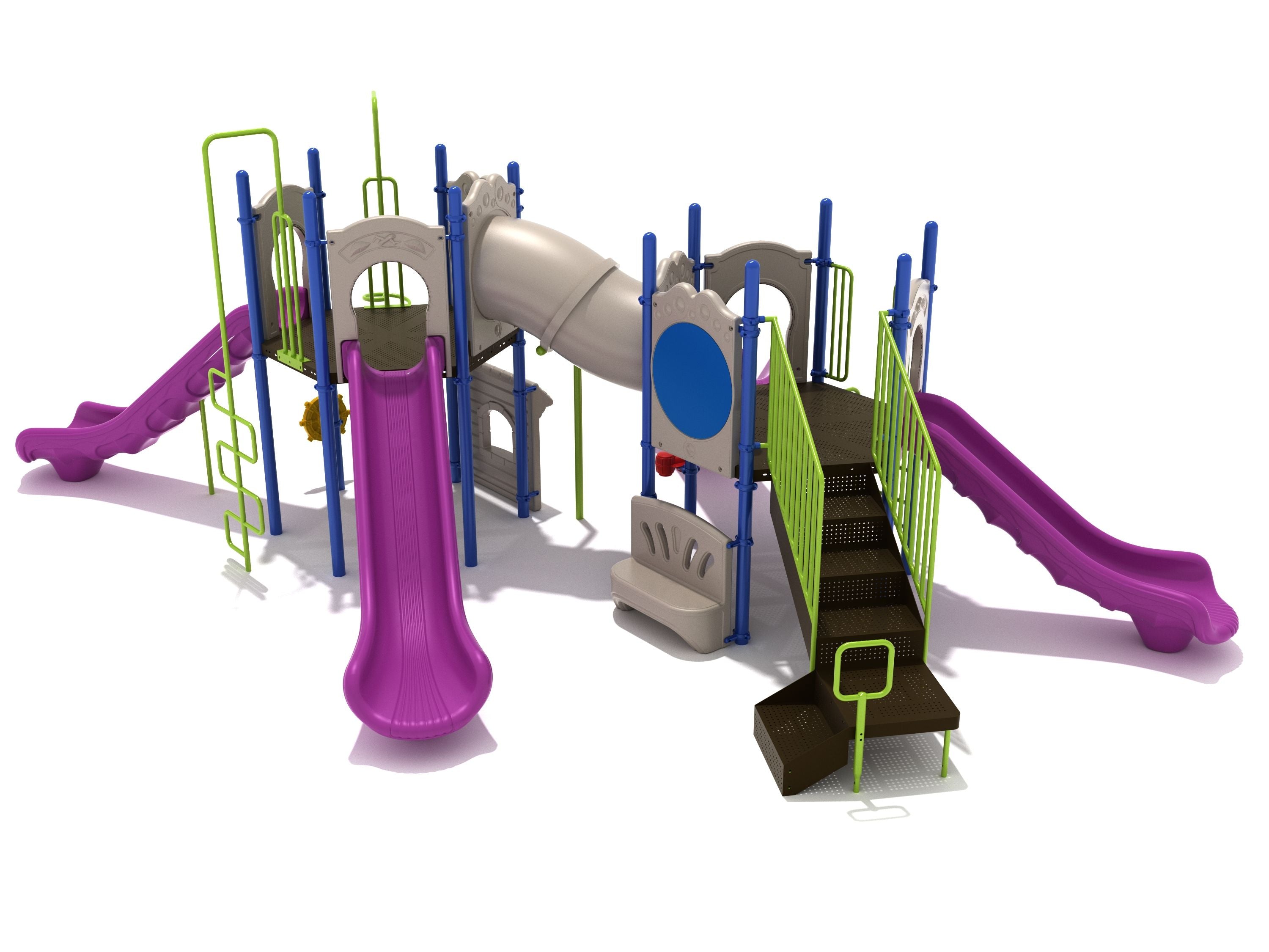 Colorful inclusive playground with multiple slides, climbing ladders, musical panels, and interactive play features for children.
