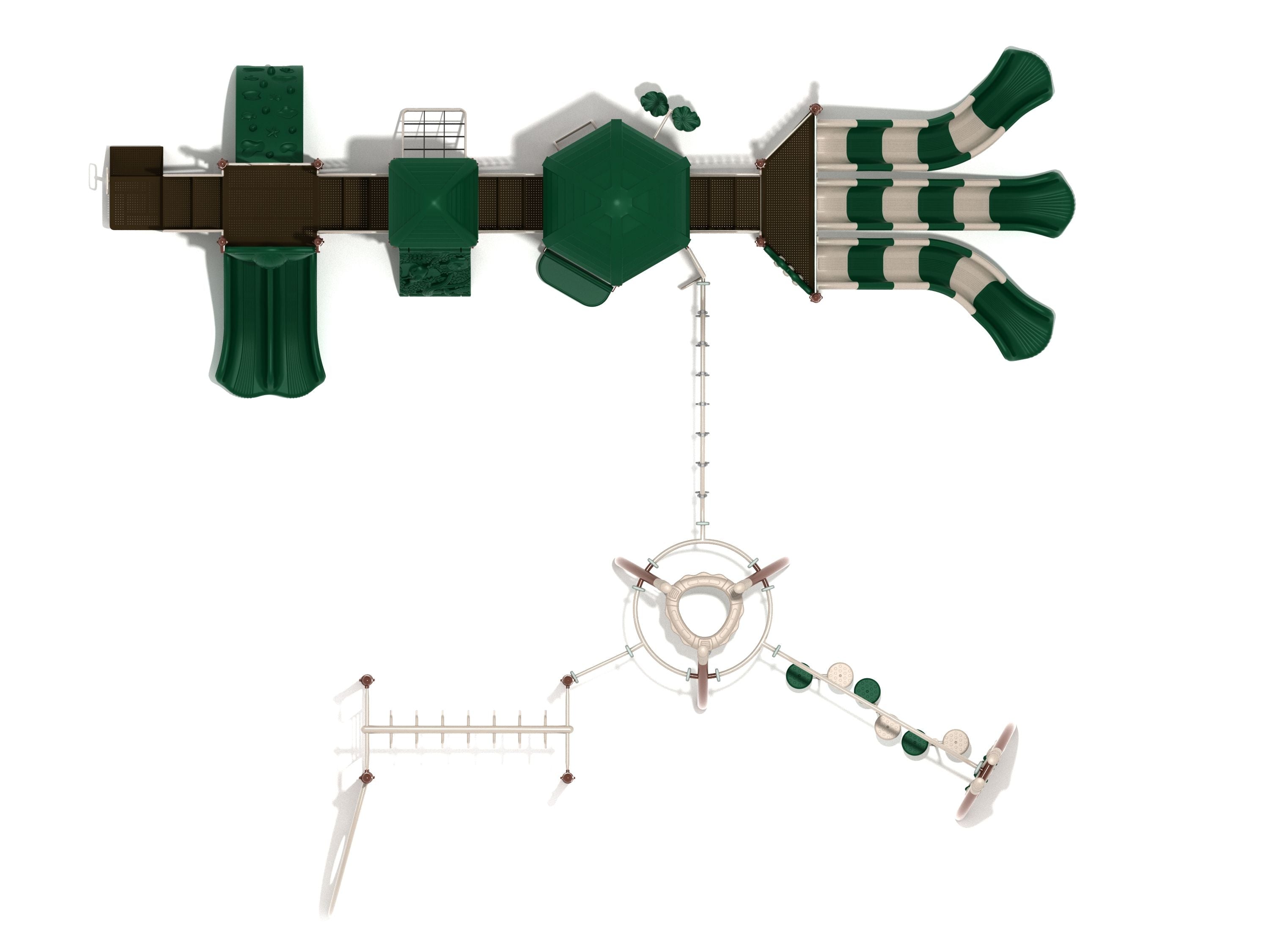 Overhead view of a large playground structure with multiple green and beige slides, climbing elements, and play panels