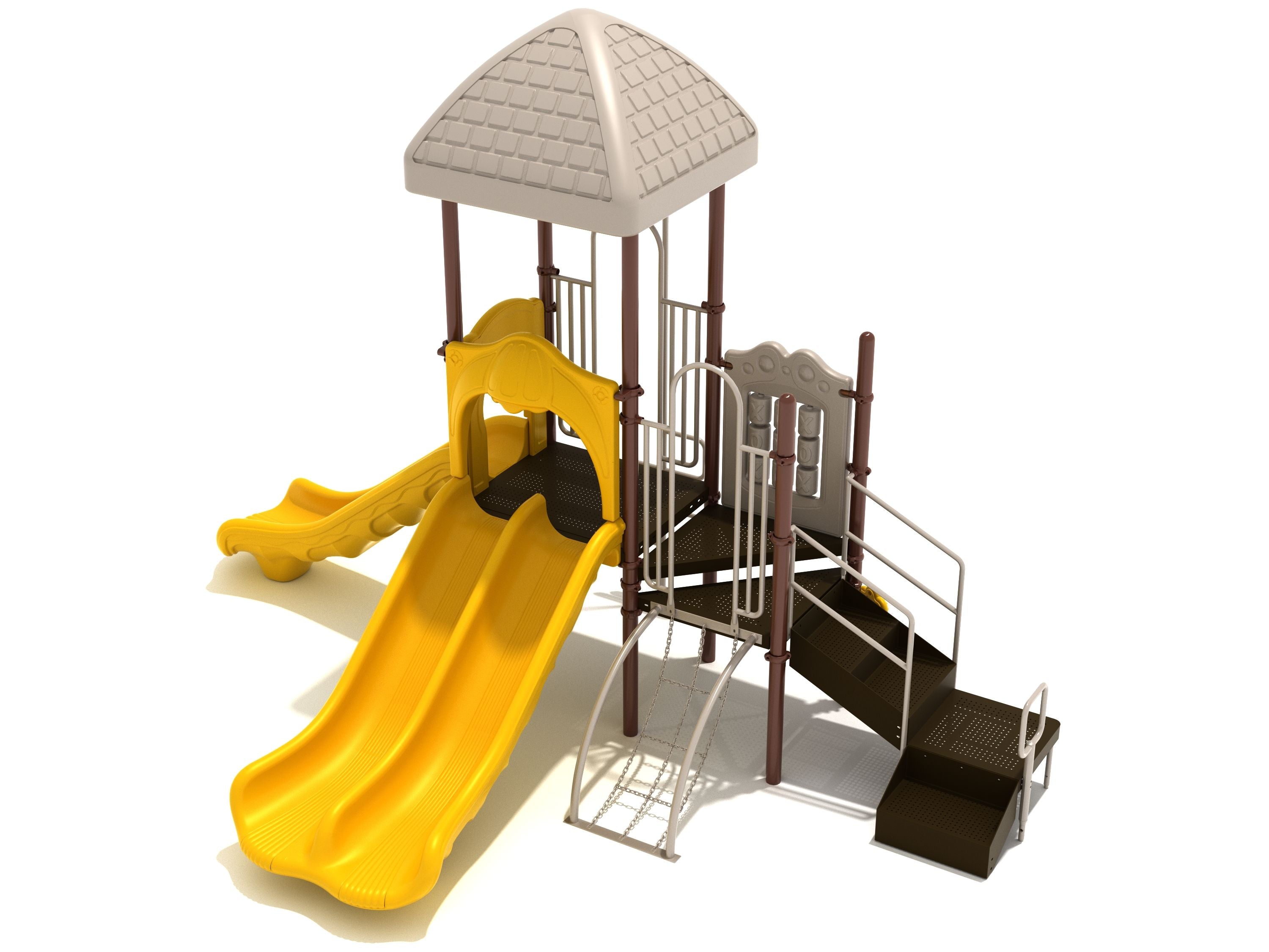 Menomonee Falls Playground with yellow single and double slides, snake and chain climbers, tic-tac-toe panel, and roofed platform