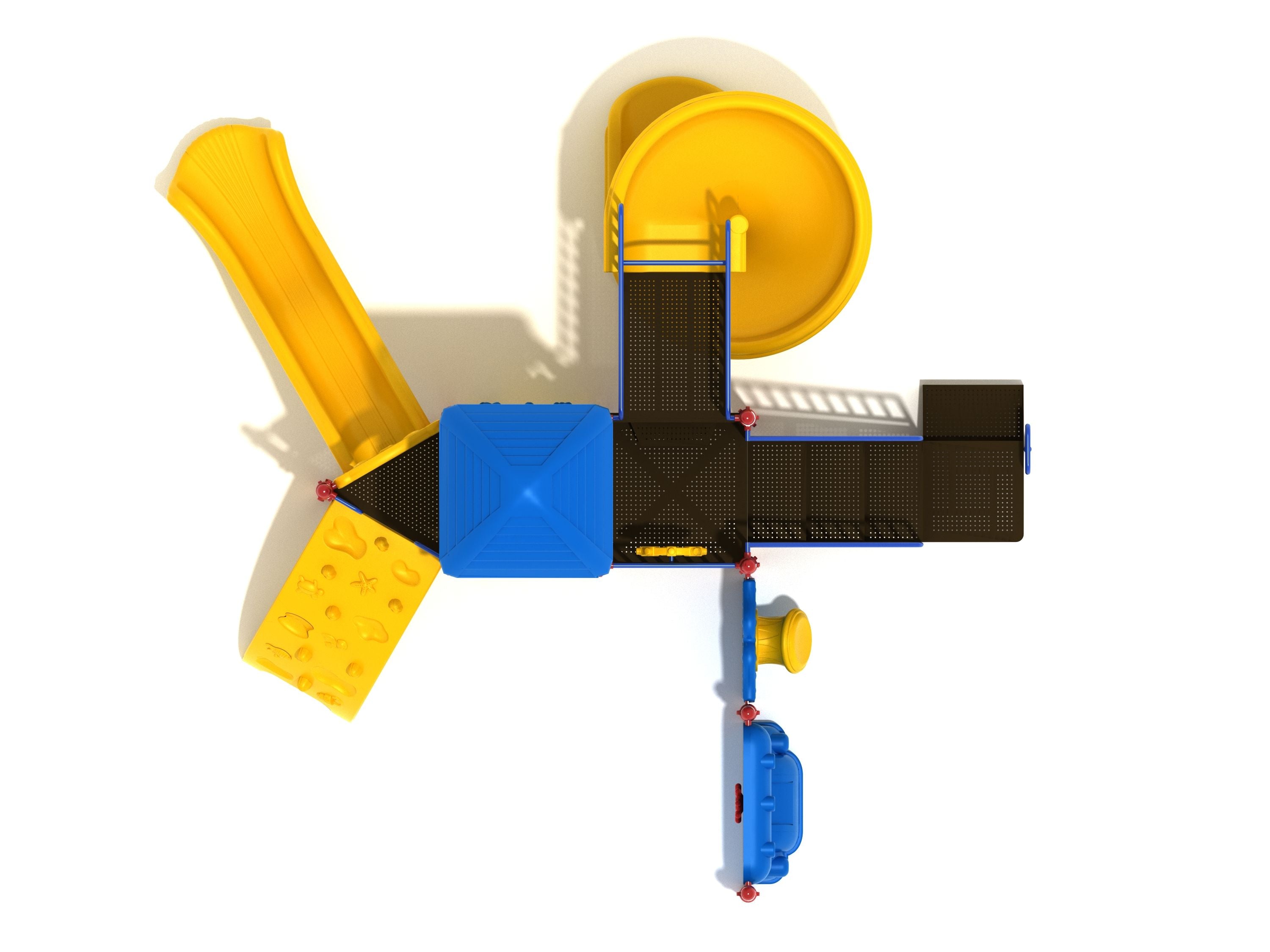 Overhead view of colorful playground with yellow slides, blue roof, climbing wall, and interactive activity panels