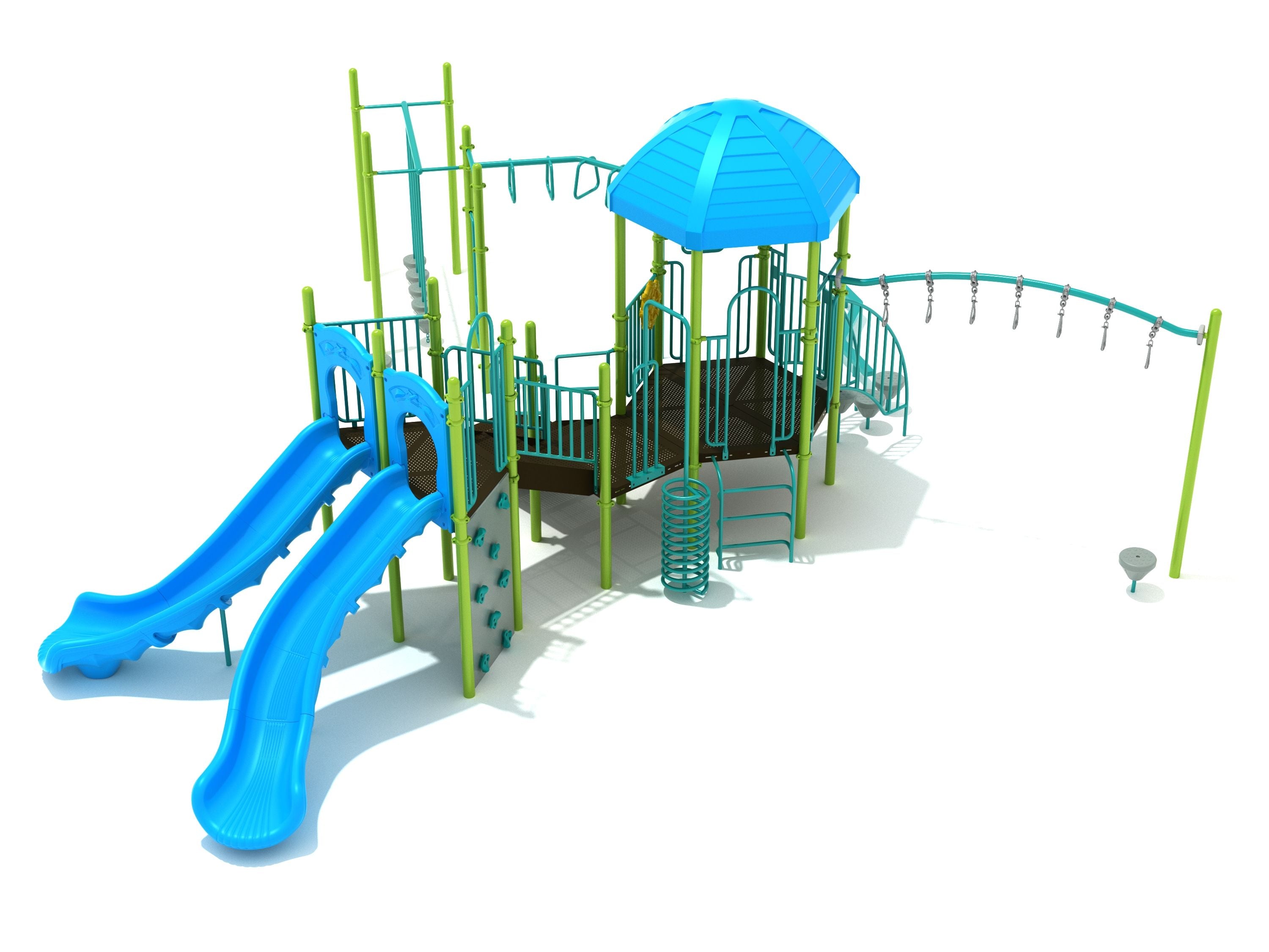 Humphrey Creek Playground with hexagonal central hub, blue dual slides, climbers, overhead swinging rings, and green support poles
