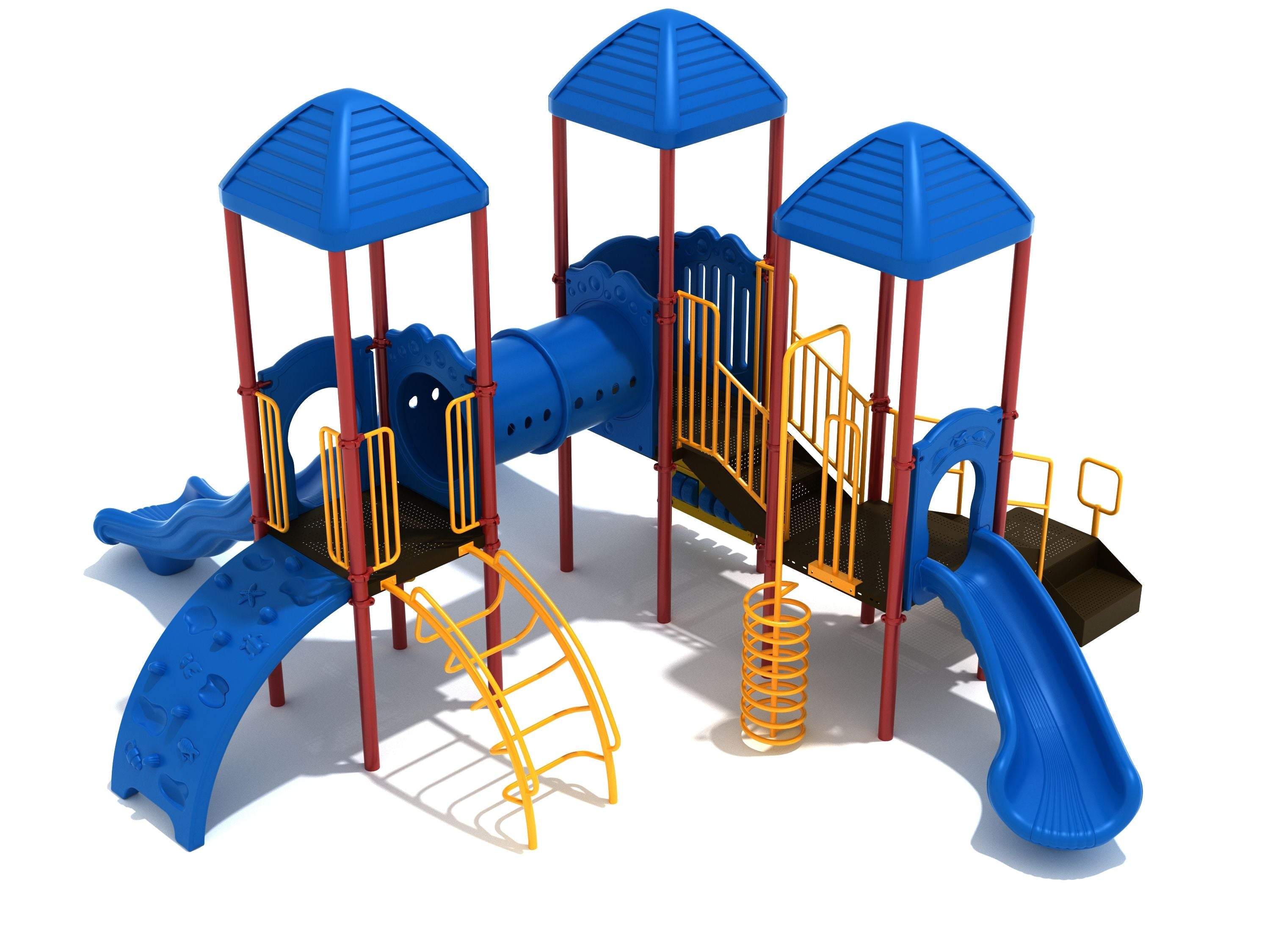 Three-tower playground with blue roofs, slides, climbing walls, tube bridge, yellow railings, and interactive play features