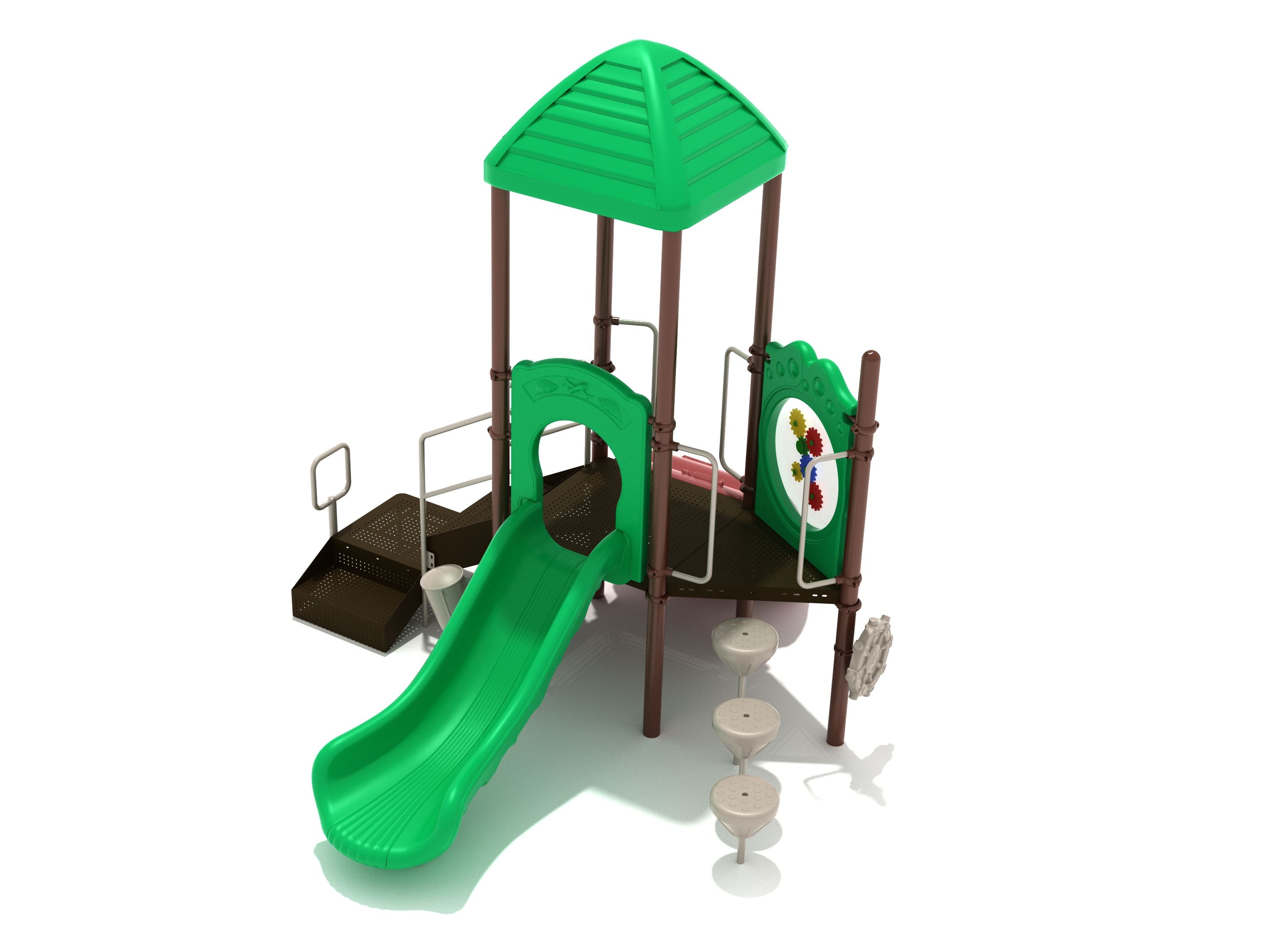 Lakewood Playground with shaded tower, green wave slide, gear panel, climbing steps, and play accessories for active kids
