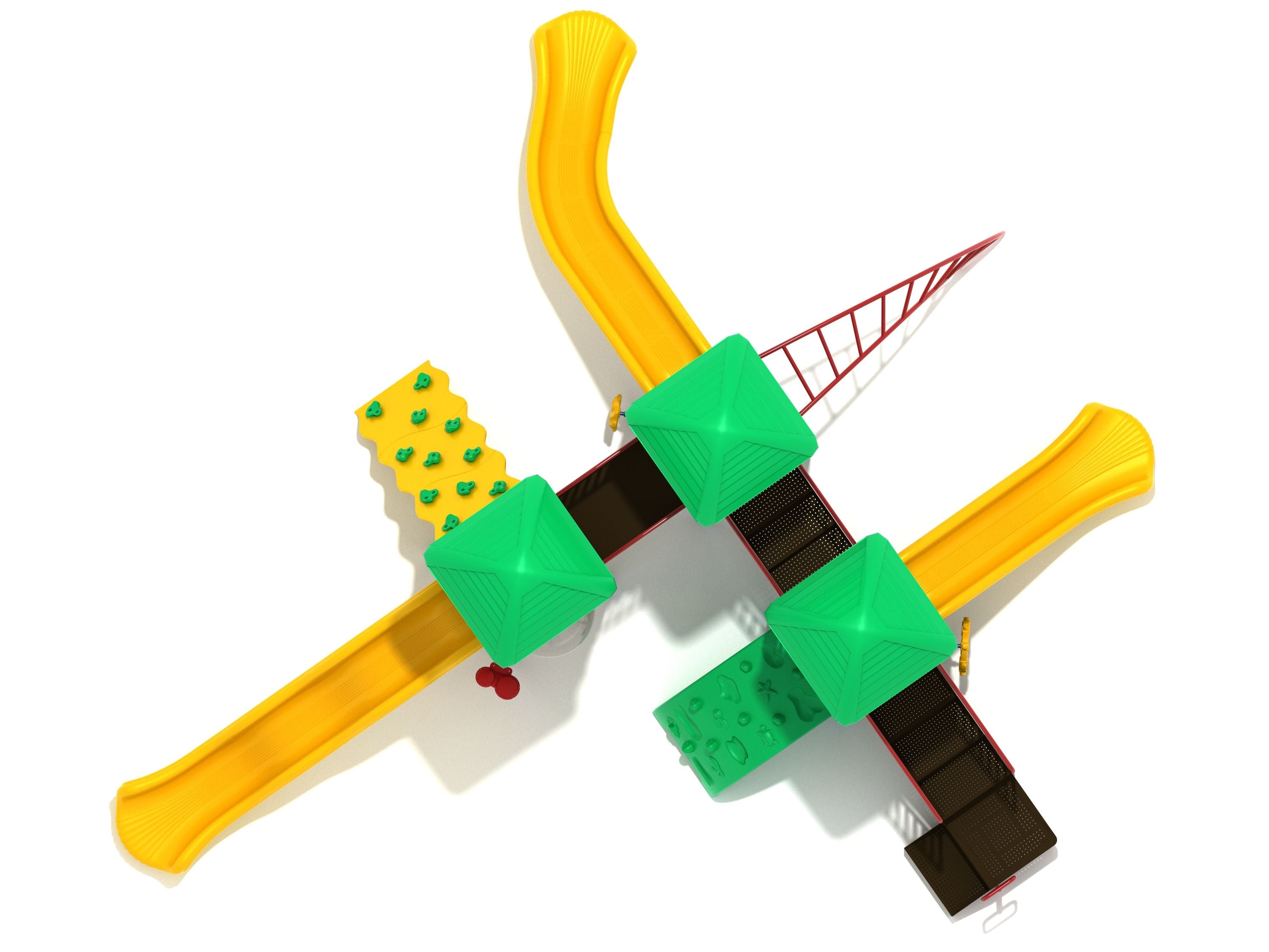 Overhead view of large playground structure with three green roofs, yellow slides, wavy climbing wall, and twisted arch ladder