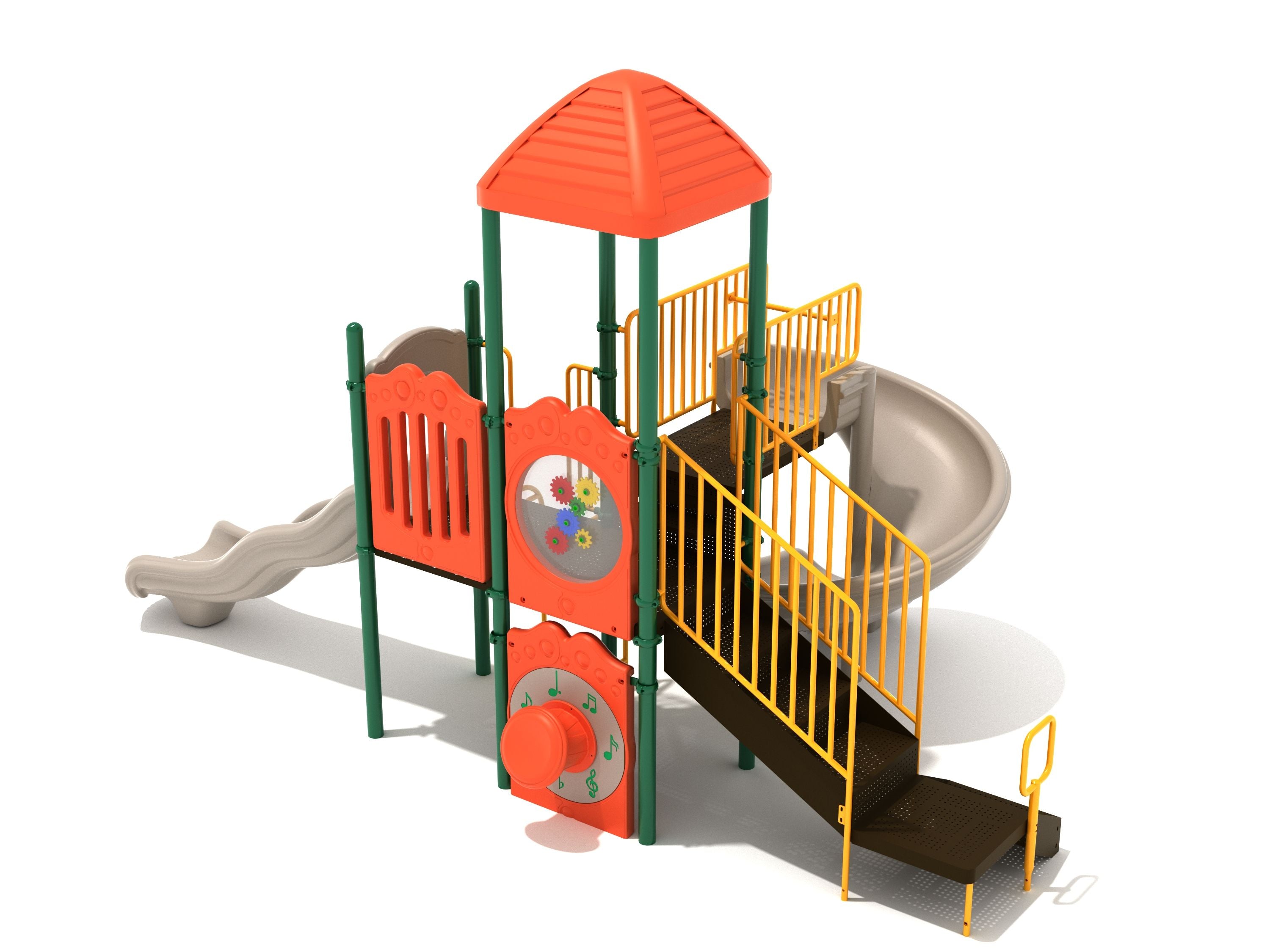 Compact playground structure with orange shingled roof, spiral and wave slides, gear and drum panels, and yellow railings