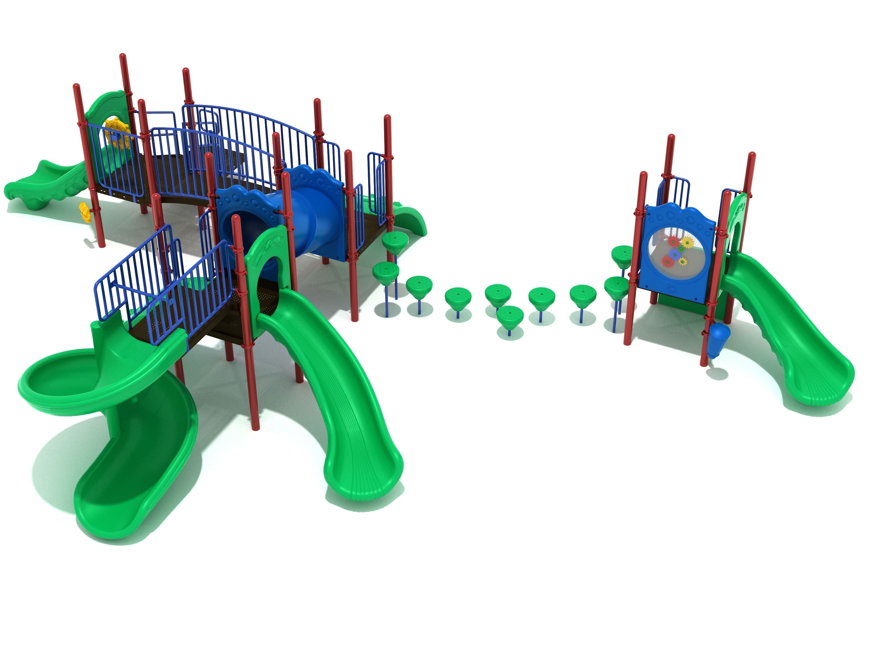 Colorful playground with green slides, blue climbing tunnel, and connected round stepping pods for active play