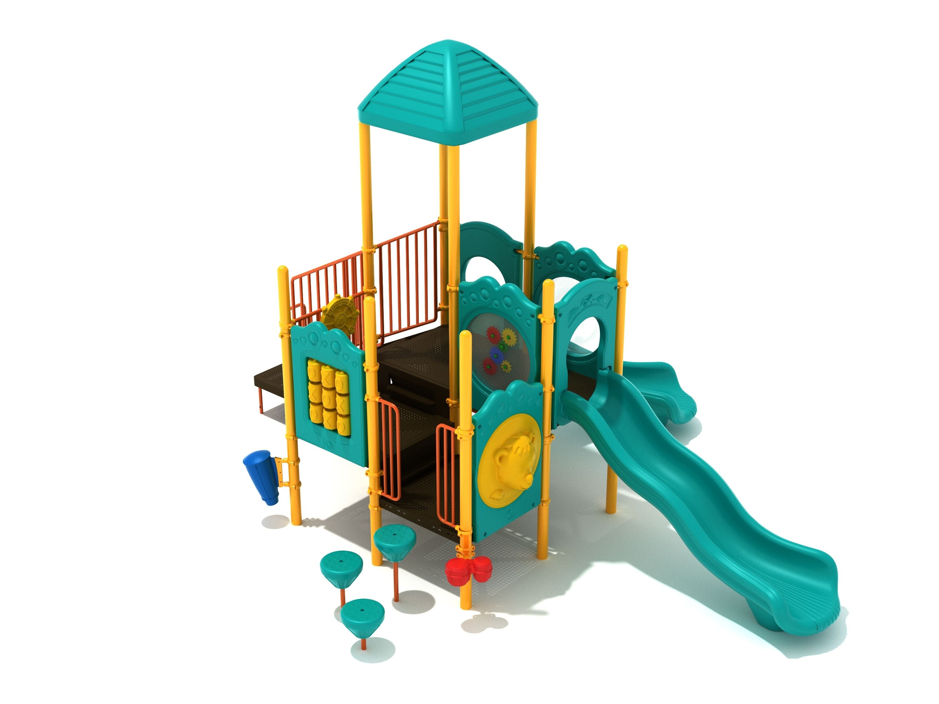 Santa Cruz Playground large play system with teal slides, yellow posts, percussion panels, climbing steps, and spinning wheels