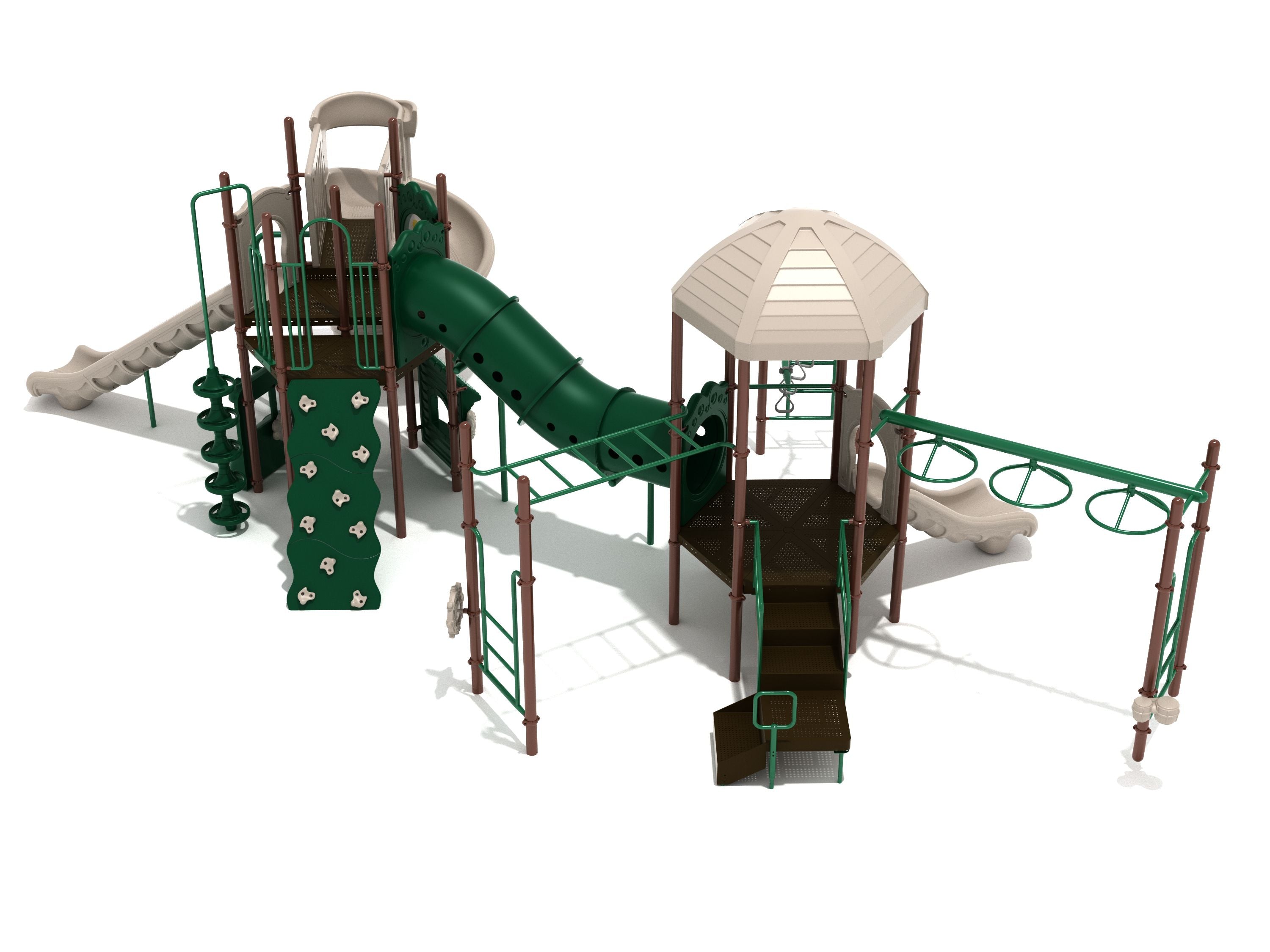 Fairhope Playground with green and tan slides, tube tunnel bridge, rock climbing wall, and ring monkey bars in outdoor play area